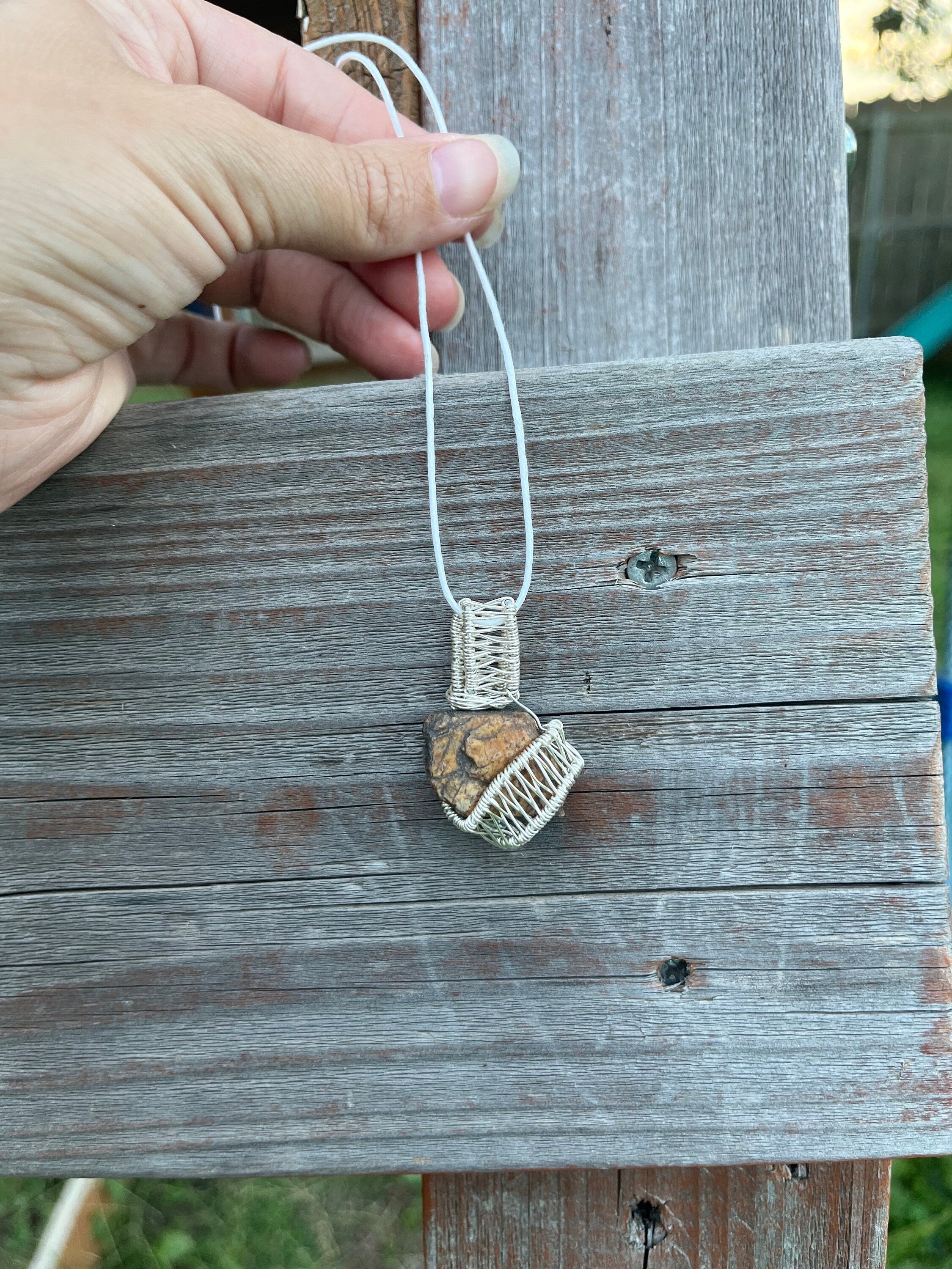 Warm Toned River Stone Necklace | Wire Wrapped Natural Pendant