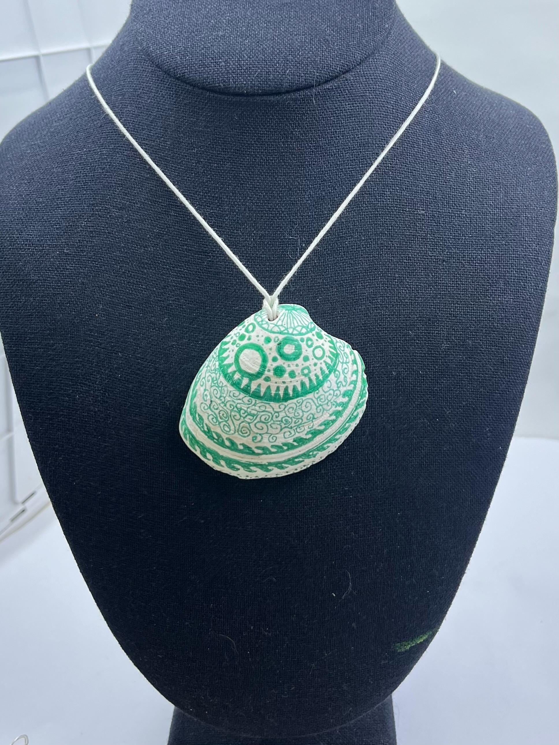 Decorated Shell Pendant | Hand Drawn Green Seashell Necklace