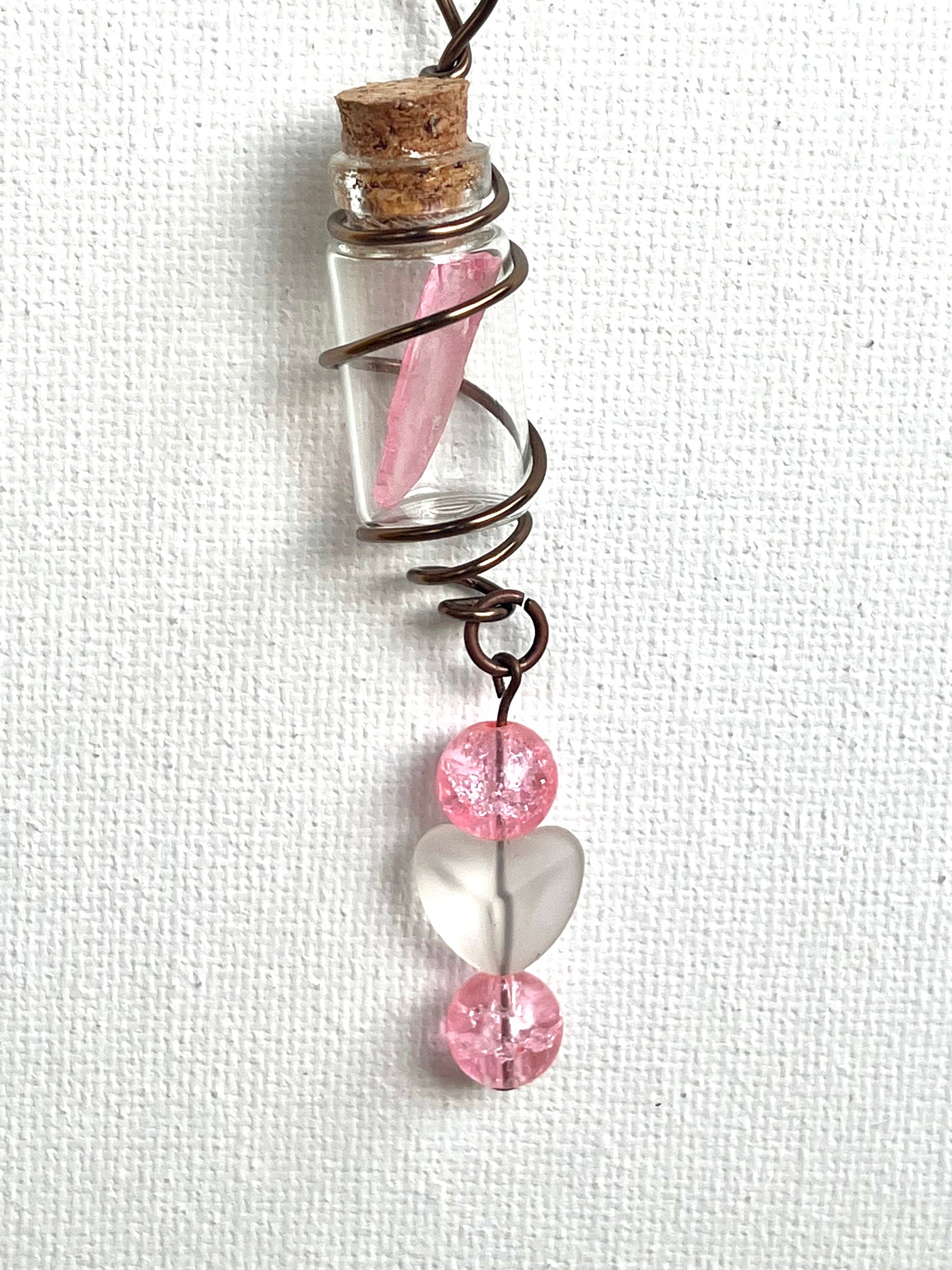 Pink Quartz Bottle Necklace | Mini Glass Vial Pendant | Romantic Heart Jewelry