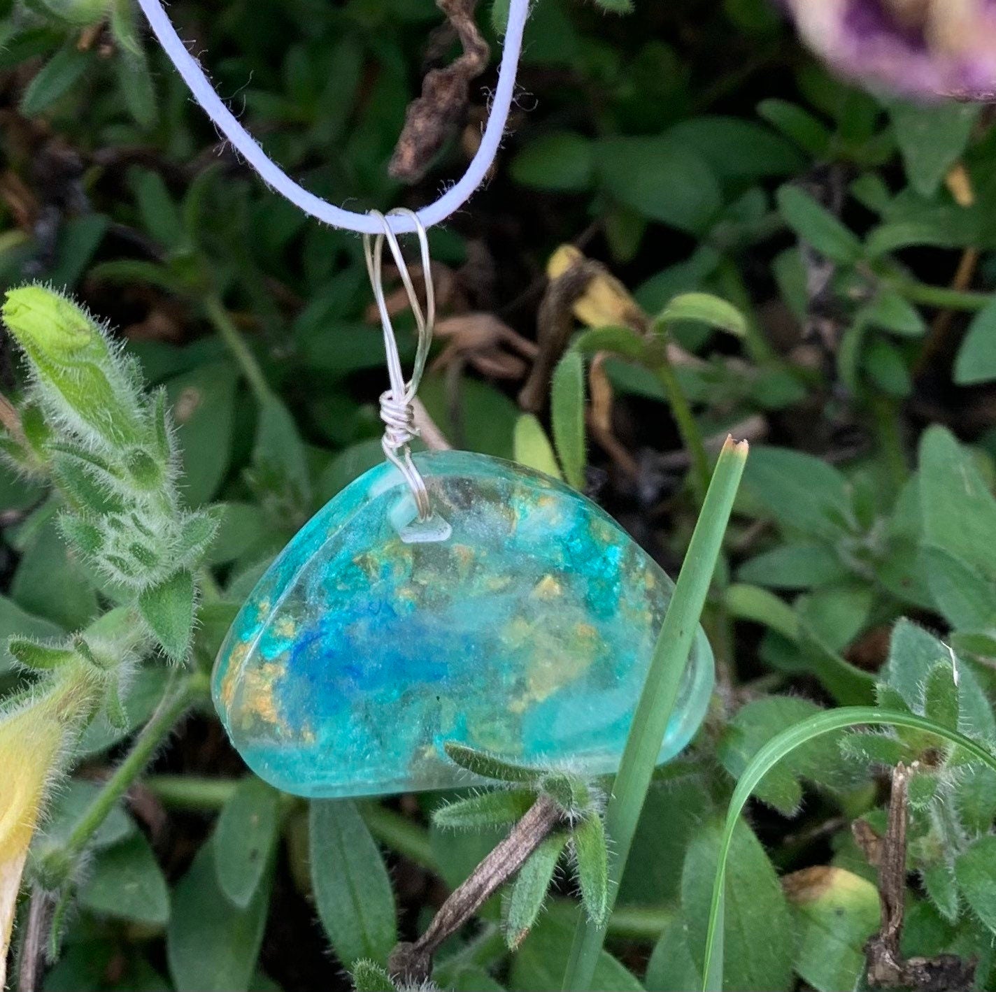 Colorful Resin Pendant Necklace, Teal and Gold Ink Colored Resin Jewelry, Abstract Art Necklace, Jewelry Gift for Her