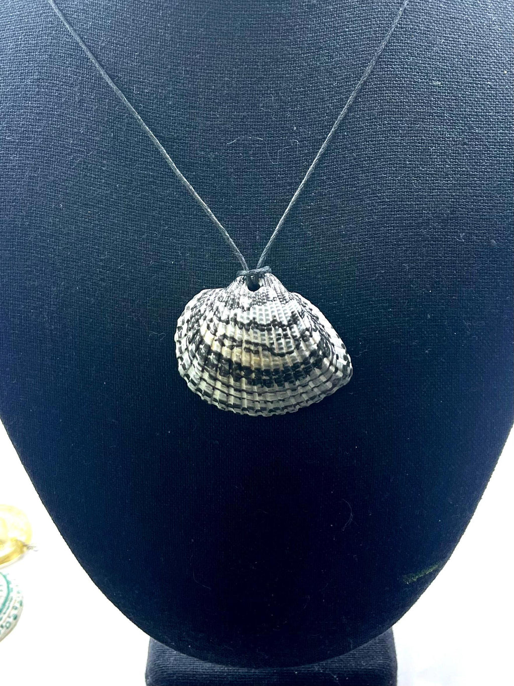 Gray Seashell Pendant with Black Decorations, Black Sharpie on Gray Clam Shell, Large Ocean accessory Pendant, Handrawn Real Shell Necklace