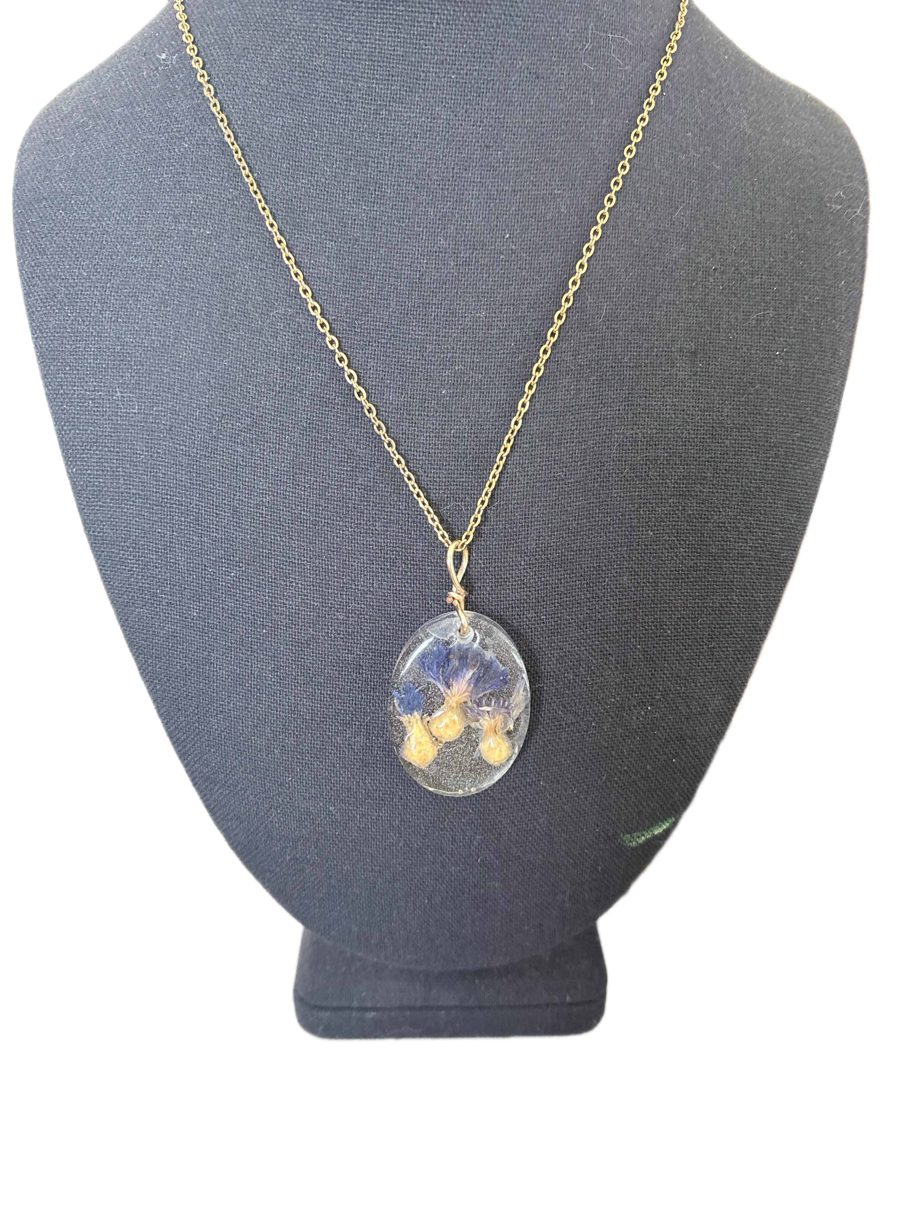 Blue Cornflower Botanical Resin Necklace | Triple Flower Pendant