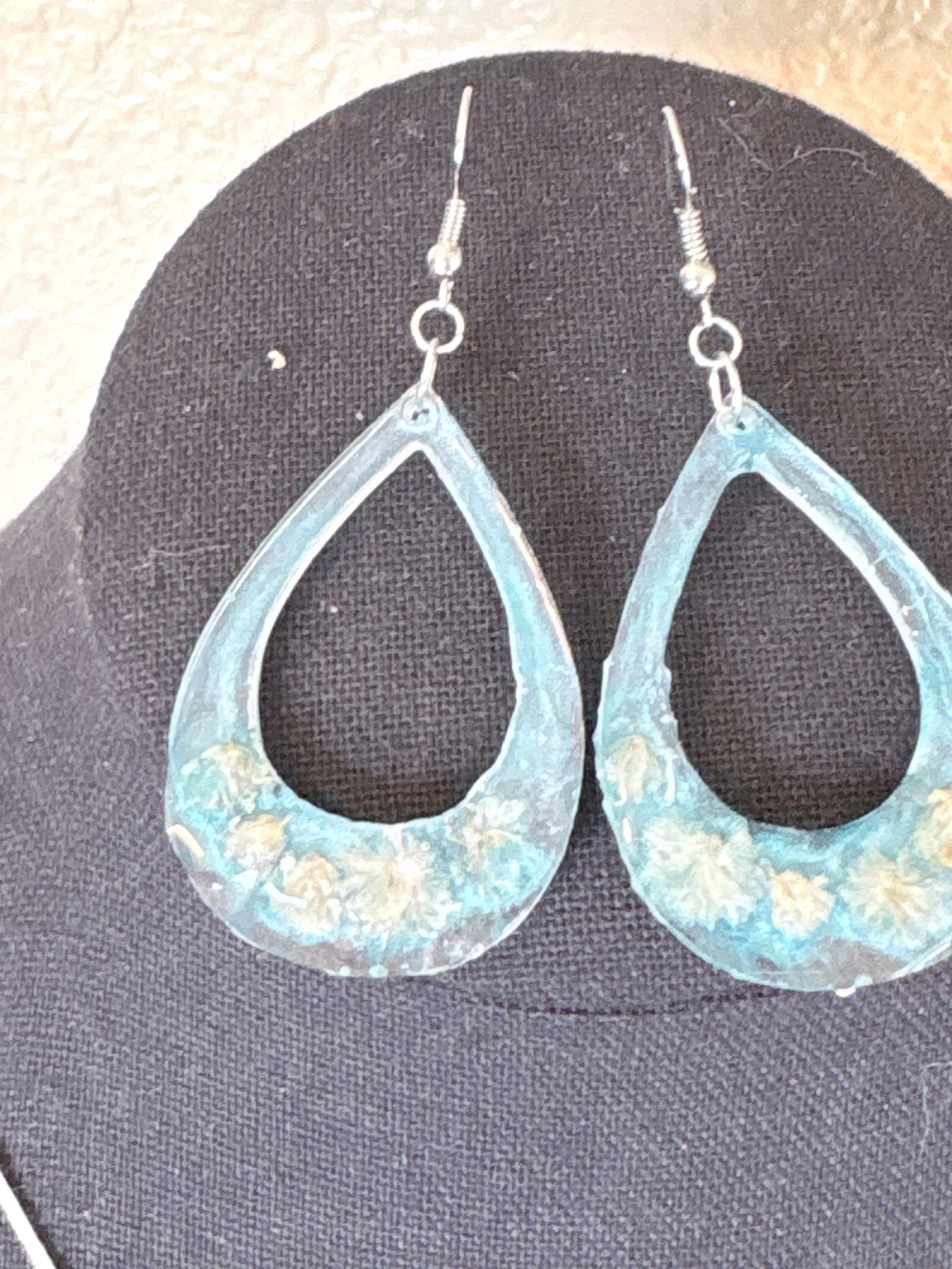 White Flower Earrings with Blue Background | Blue Meadow Botanical Teardrop Earrings