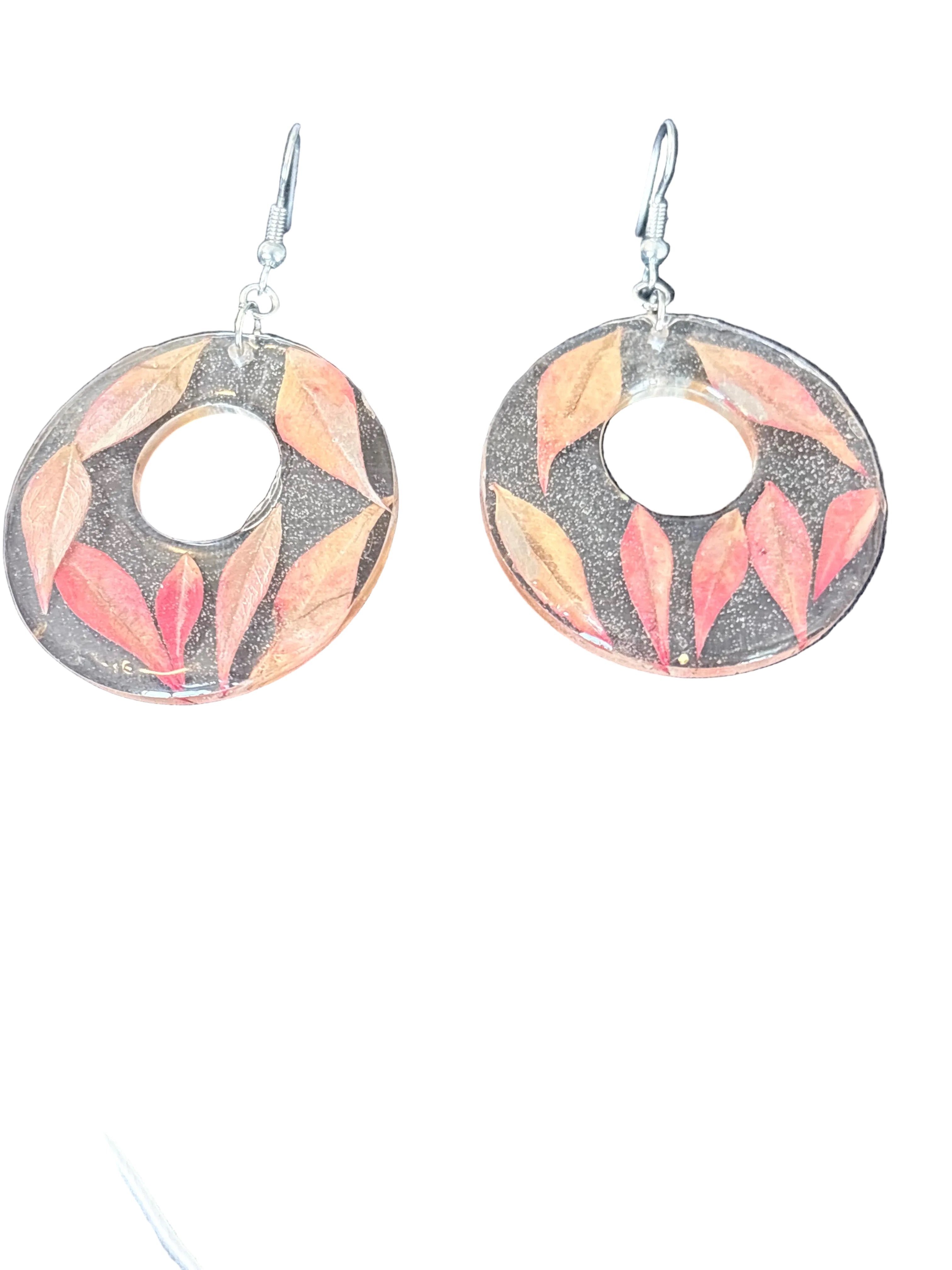 Falling Leaf Earrings | Red Leaves in Resin Hoops