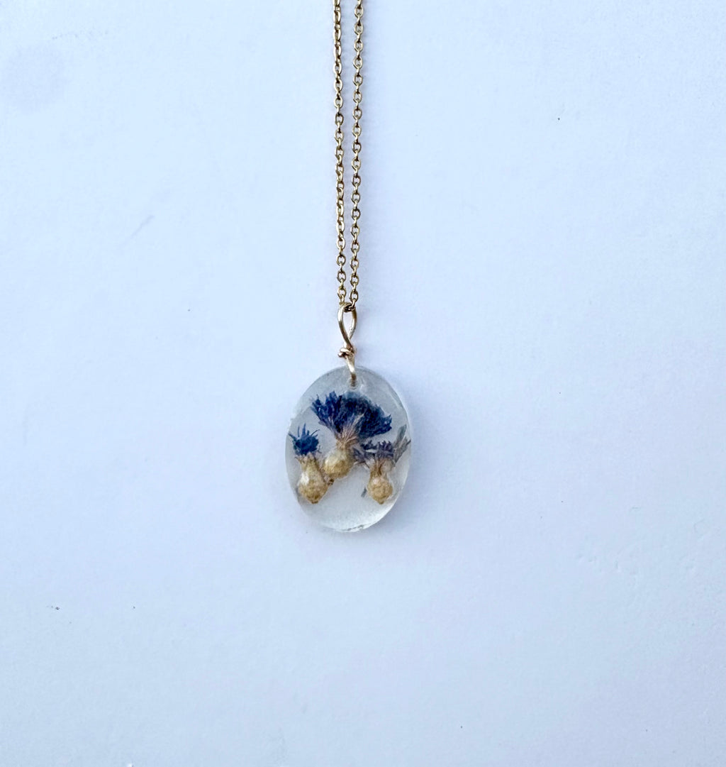 Blue Cornflower Botanical Resin Necklace | Triple Flower Pendant