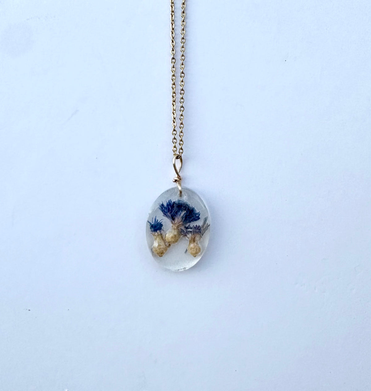 Blue Cornflower Botanical Resin Necklace | Triple Flower Pendant