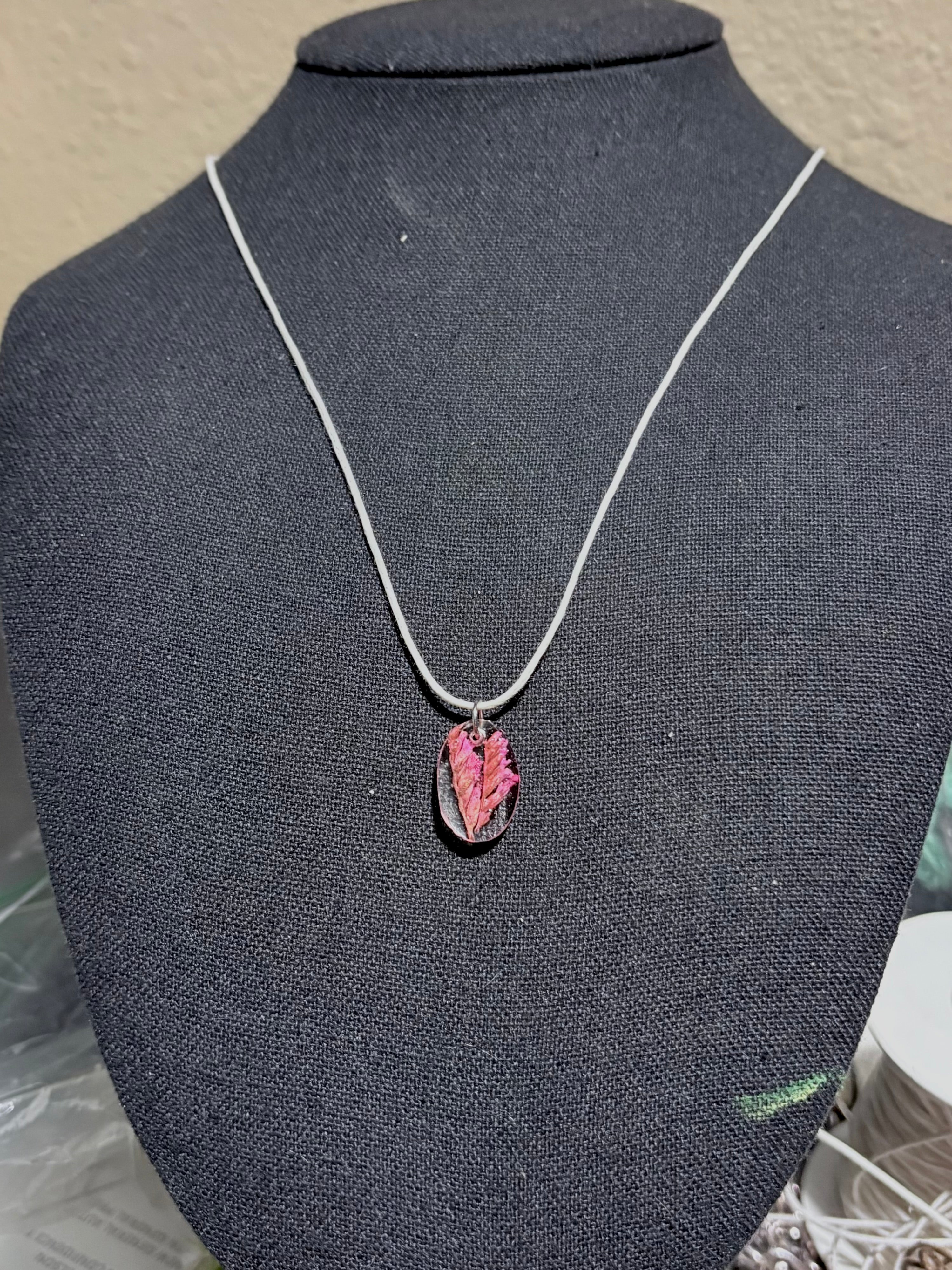 Small Pink Flower Necklace | Bright Floral | Botanical Oval Necklace
