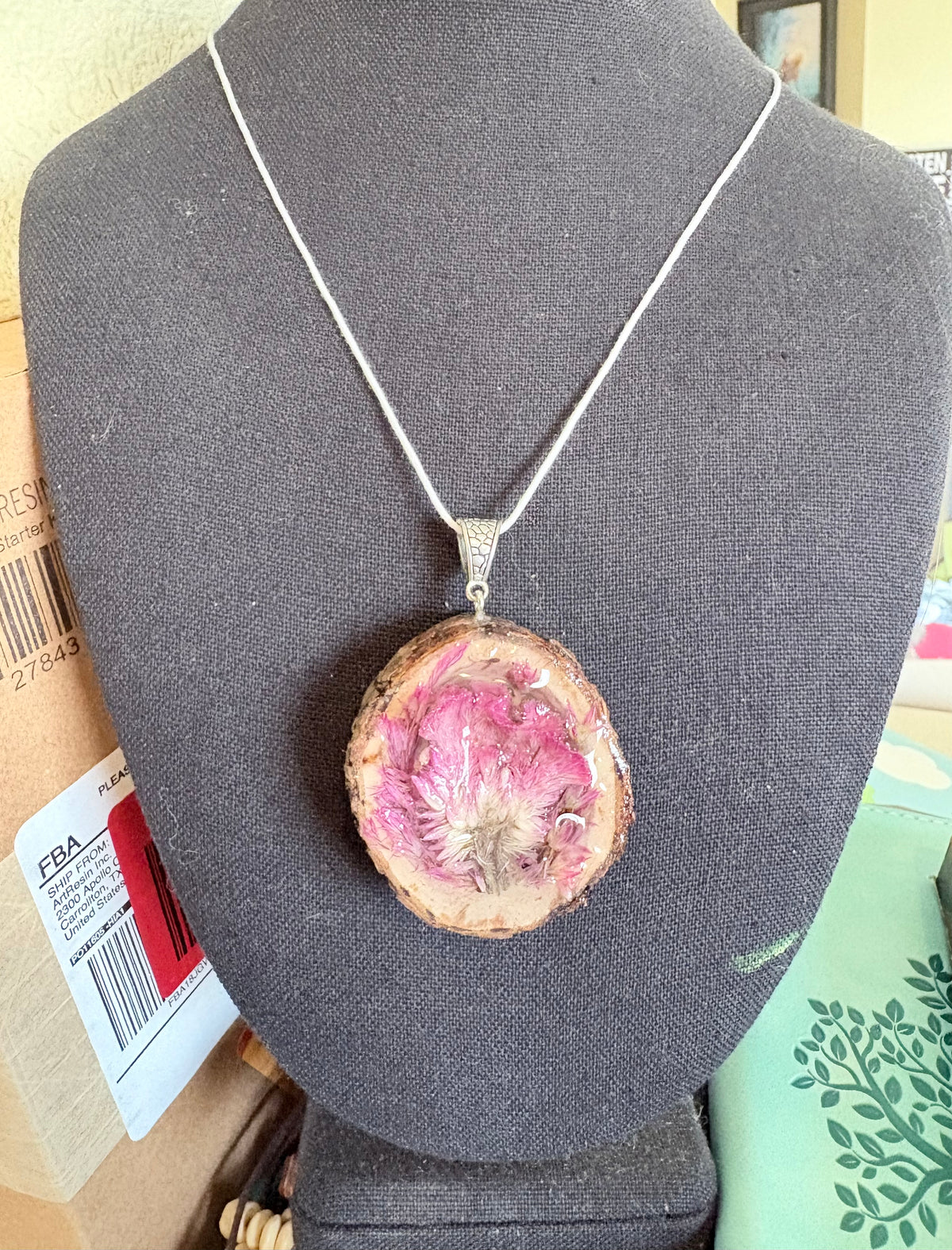 Wild Bloom Statement Necklace | Real Celosia Flowers and Wood Slice in Resin