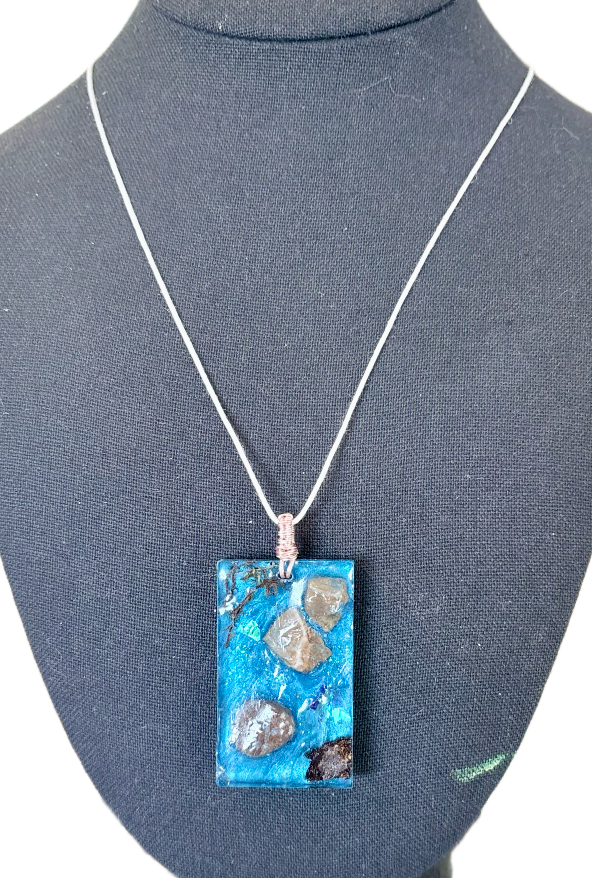 Forest Stream Necklace | Stones and Moss in Blue Resin Pendant
