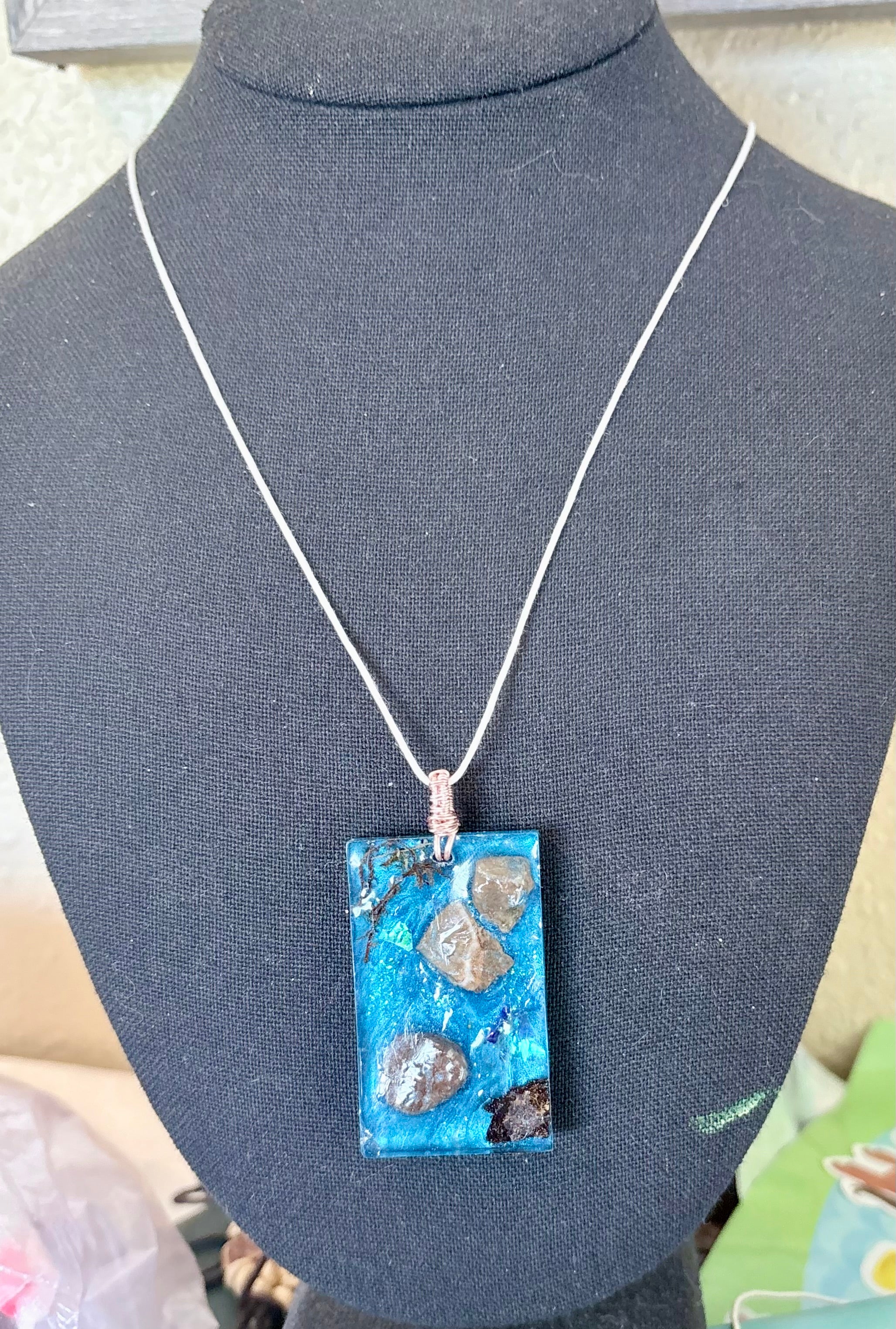 Forest Stream Necklace | Stones and Moss in Blue Resin Pendant