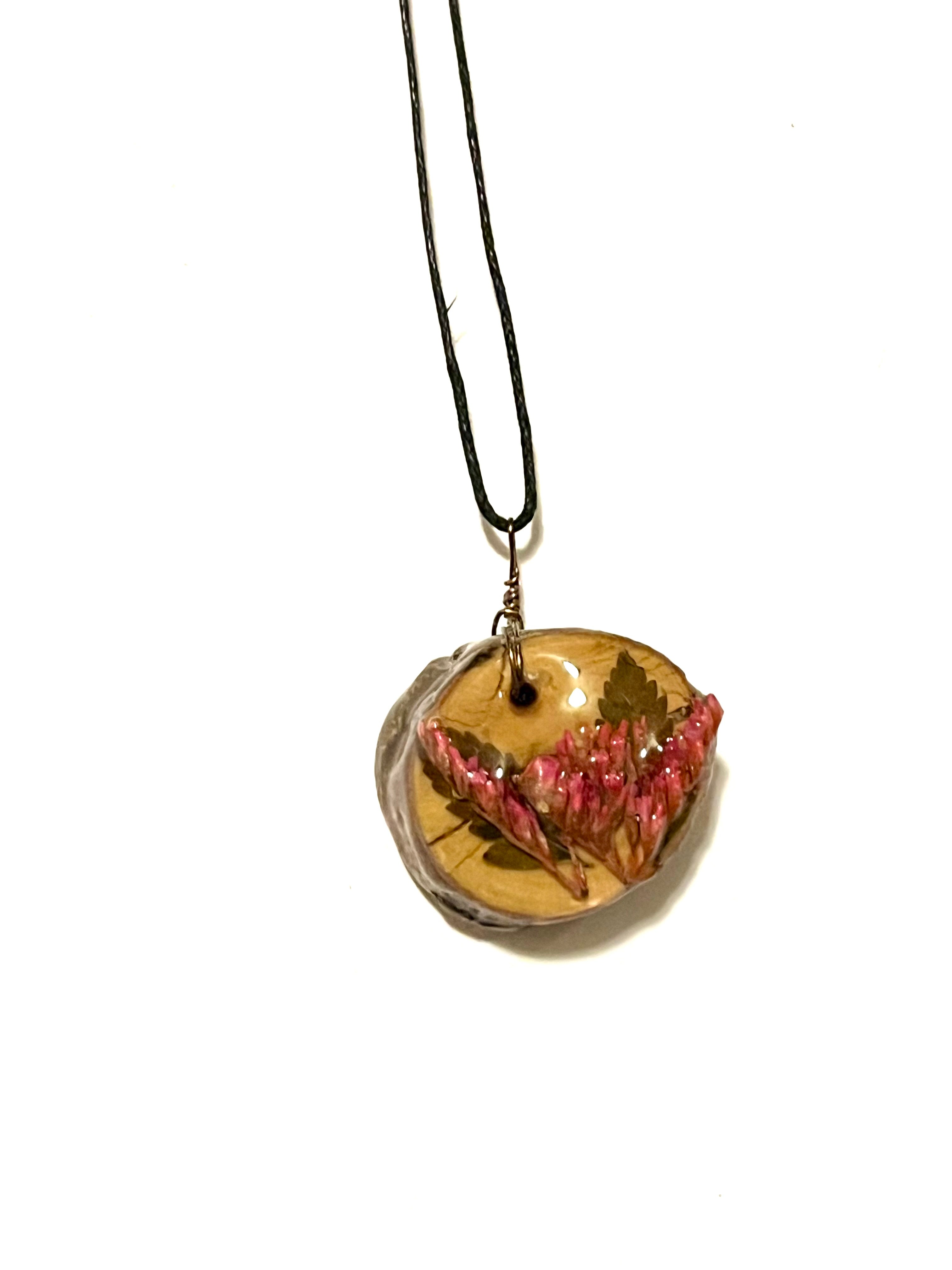 Woodland Blossom Necklace | Pink Flowers on Wood in Resin
