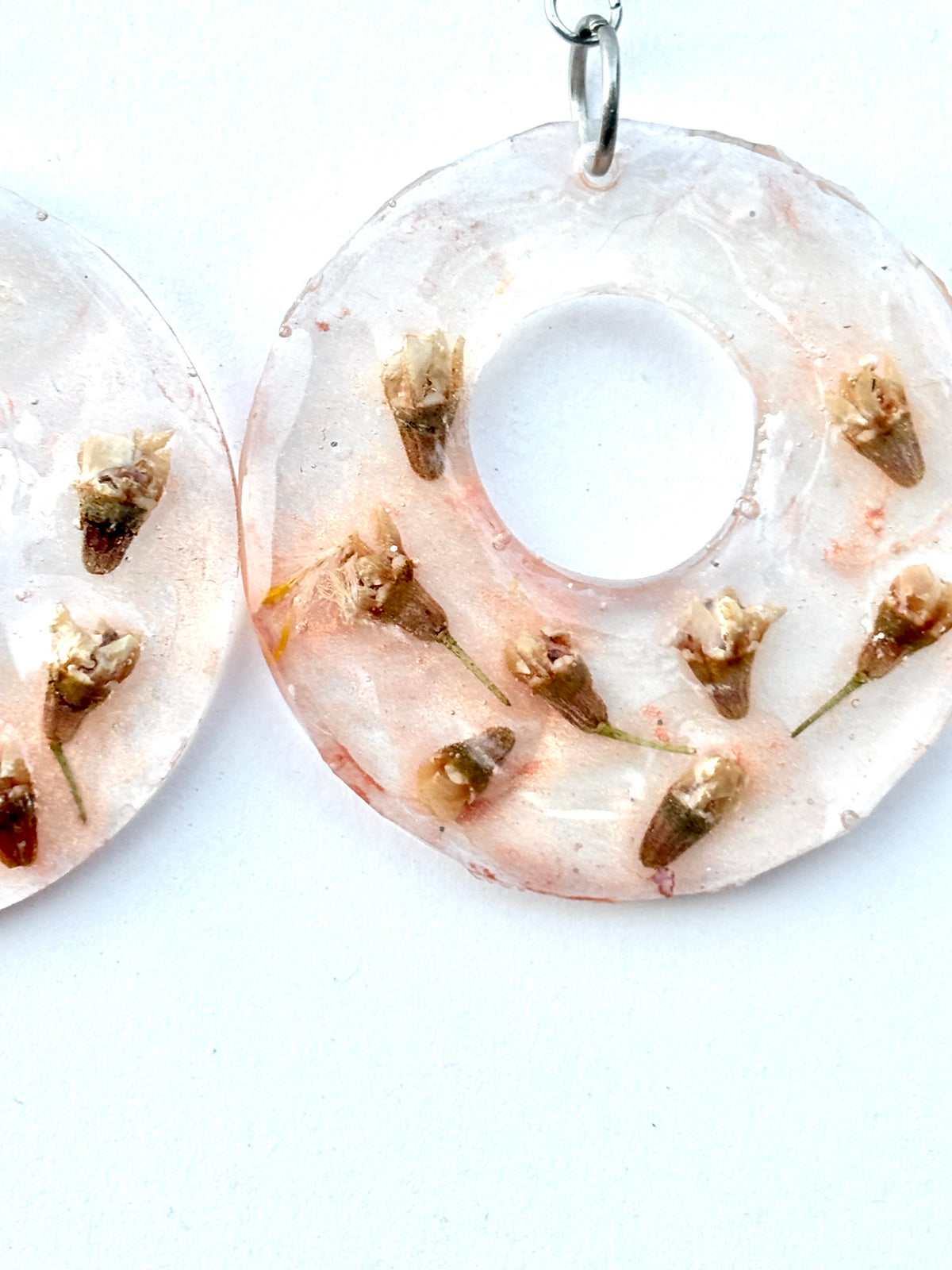 White Flower Peach Hoops | Floral Dangle Earrings