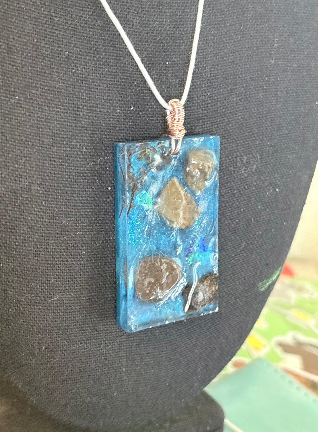 Forest Stream Necklace | Stones and Moss in Blue Resin Pendant