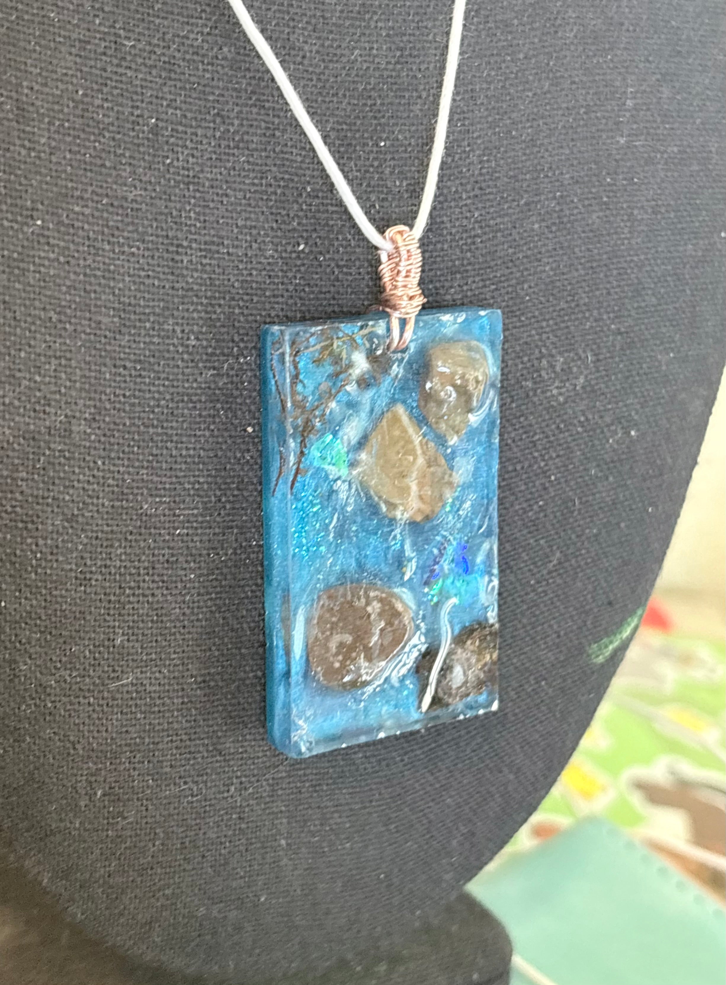 Forest Stream Necklace | Stones and Moss in Blue Resin Pendant