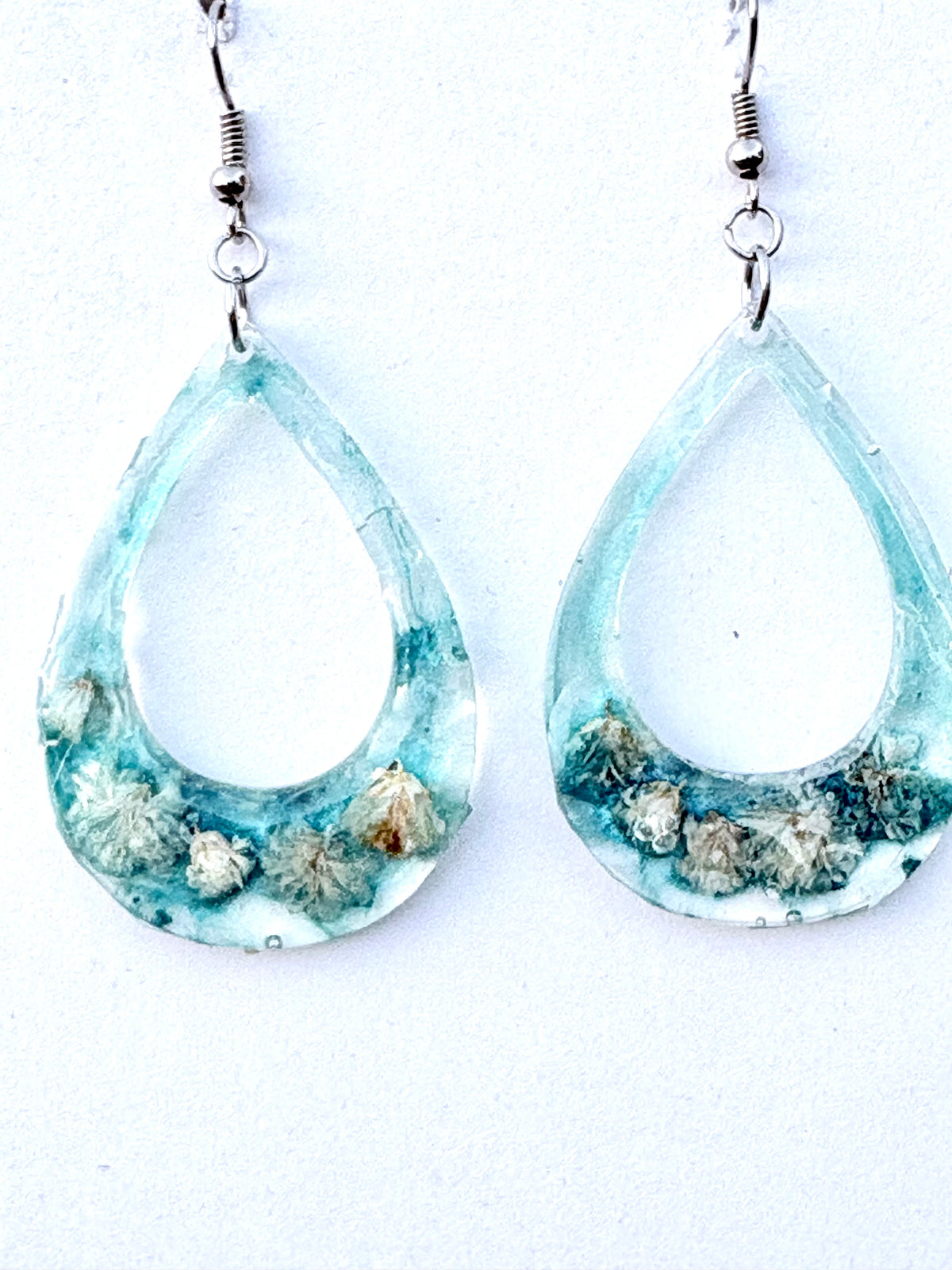White Flower Earrings with Blue Background | Blue Meadow Botanical Teardrop Earrings