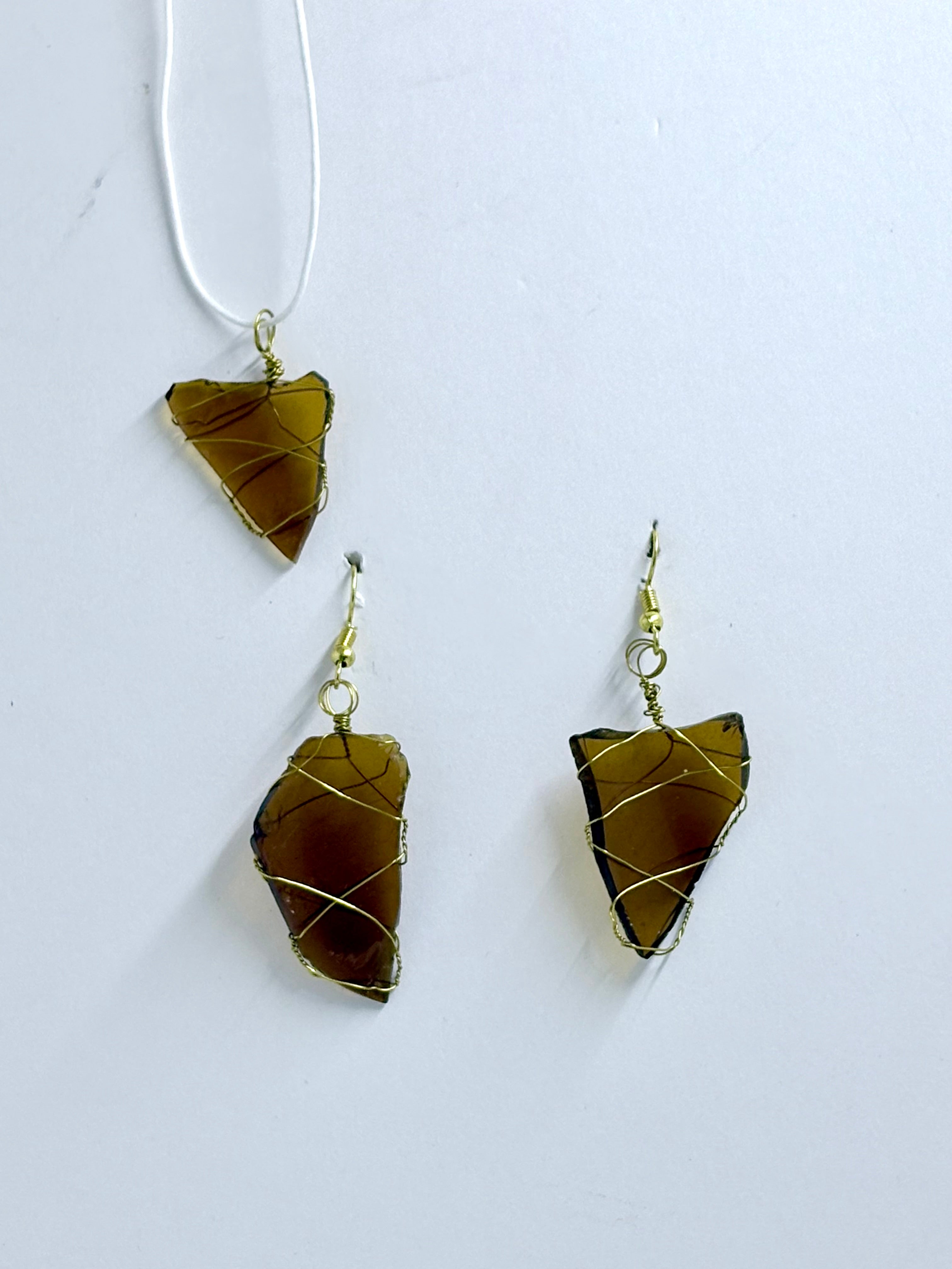 Amber Sea Glass | Wire Wrapped Set | Triangle Pendant and Earrings