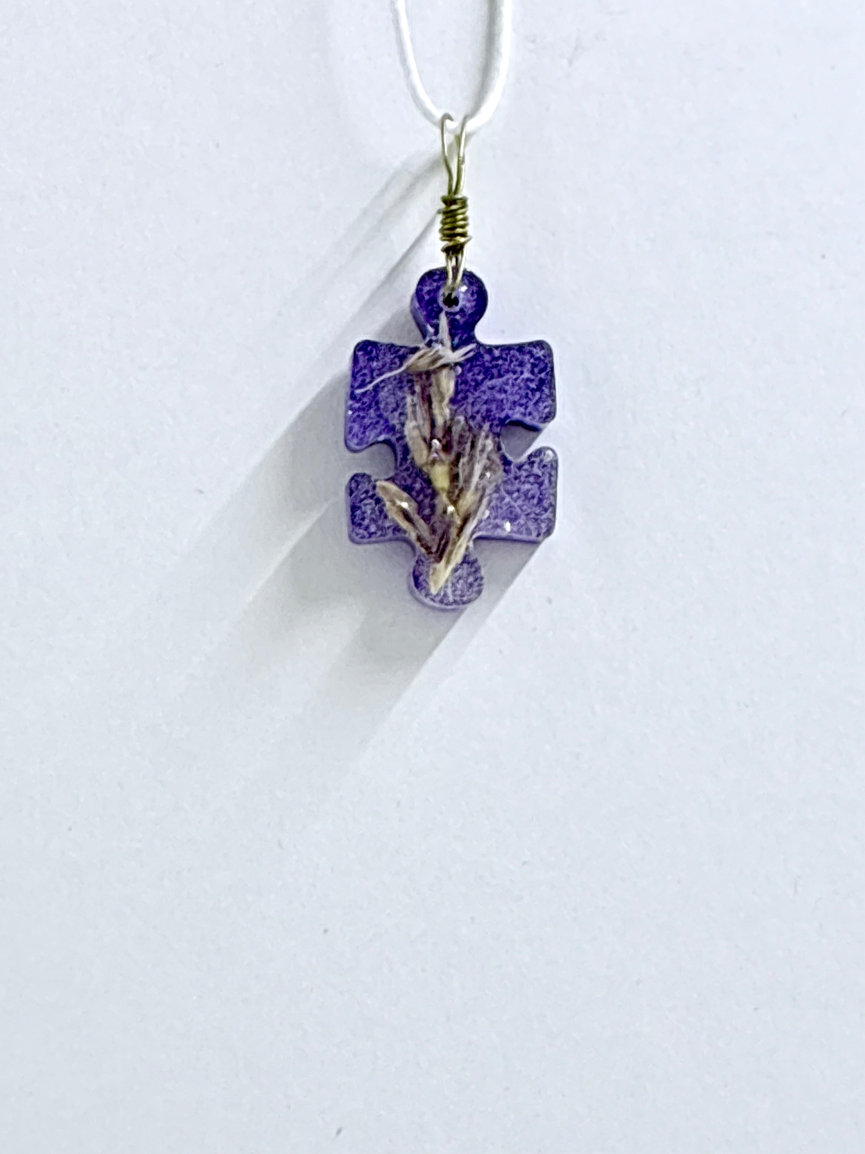 Purple Wildflower Necklace | Botanical Puzzle Piece Pendant | Pressed Flower Jewelry