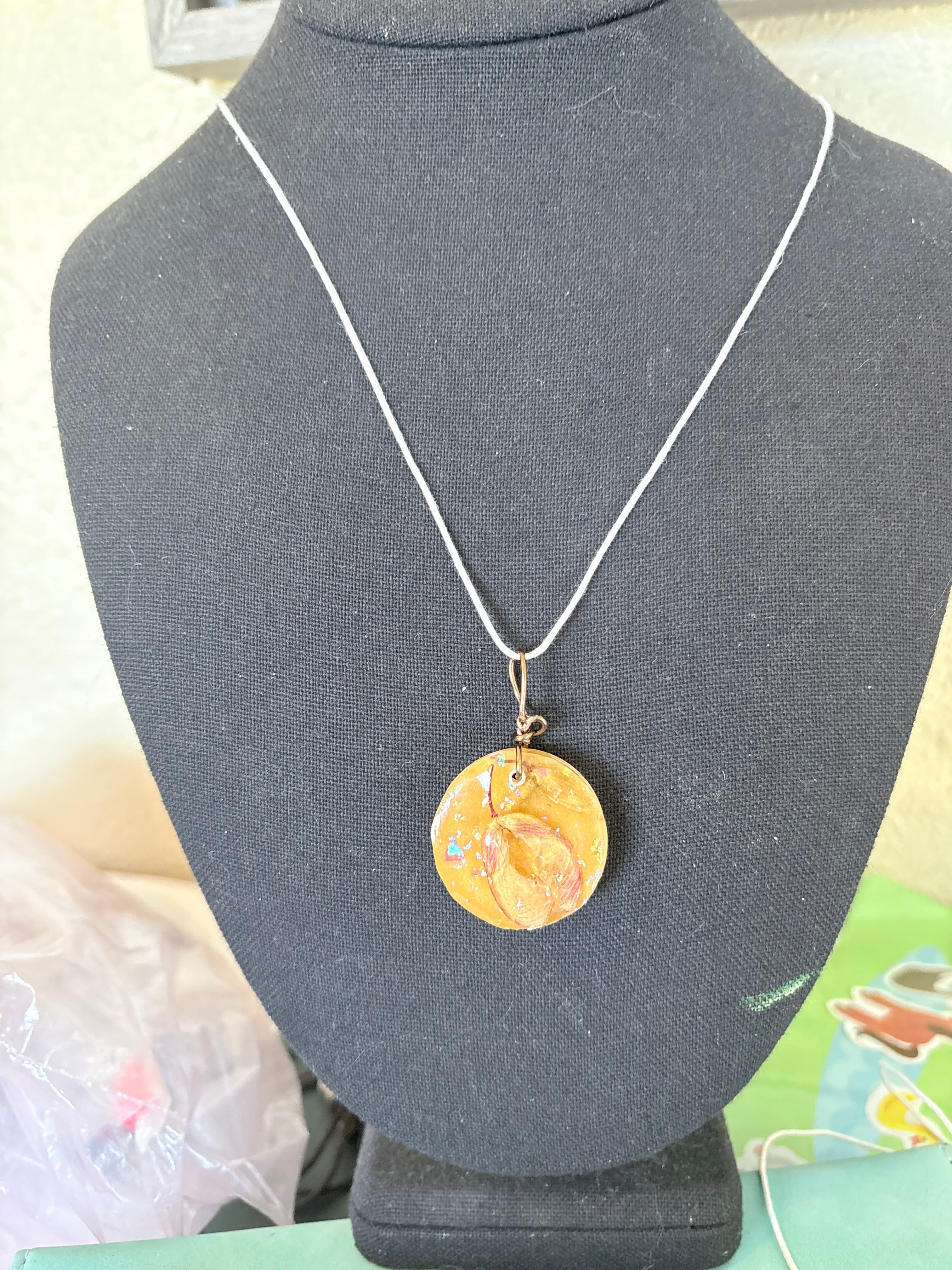 Golden Resin Pendant with Helicopter Seeds | Golden Flight Necklace | Round Botanical Pendant