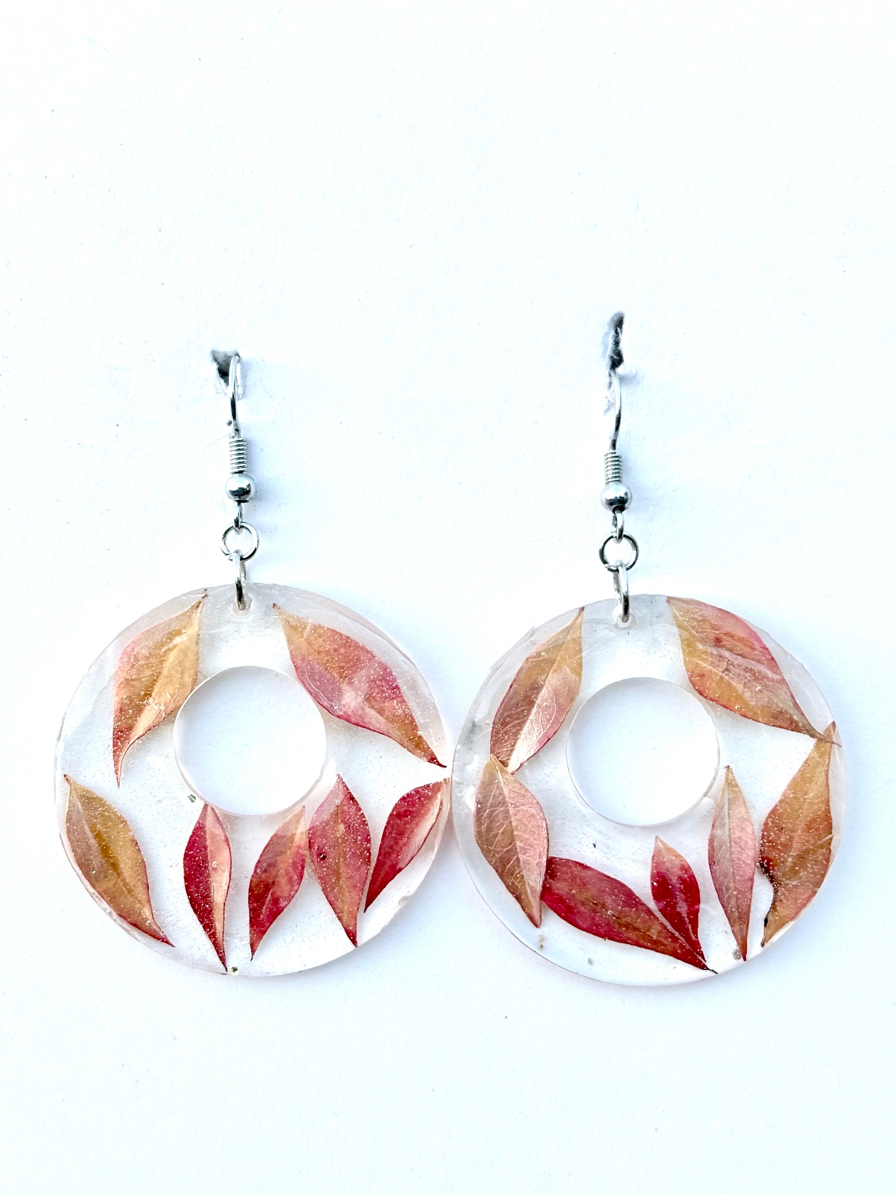Falling Leaf Earrings | Red Leaves in Resin Hoops