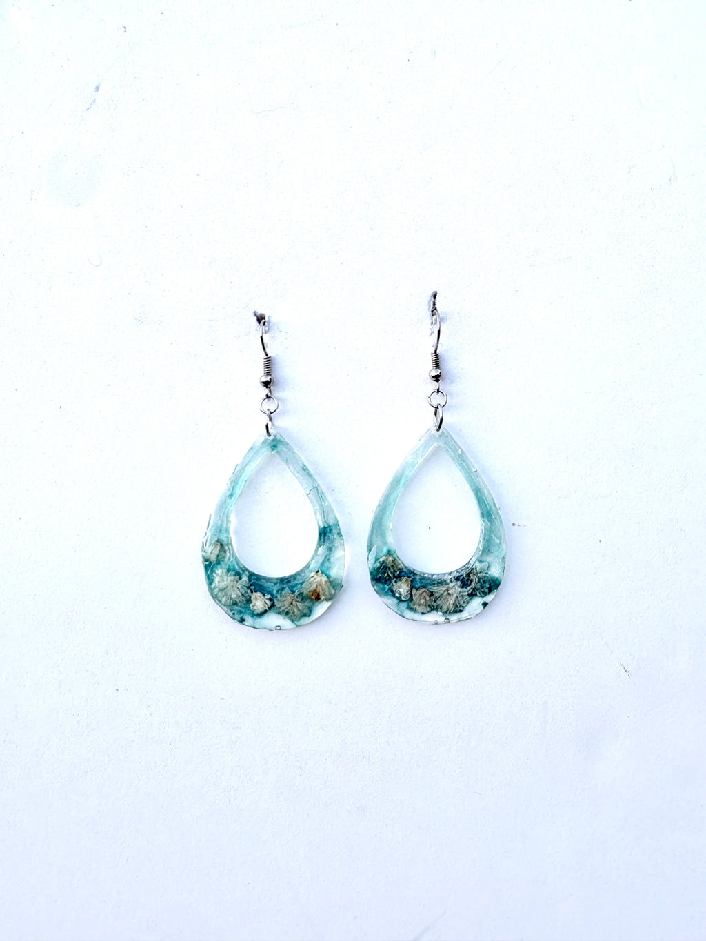White Flower Earrings with Blue Background | Blue Meadow Botanical Teardrop Earrings