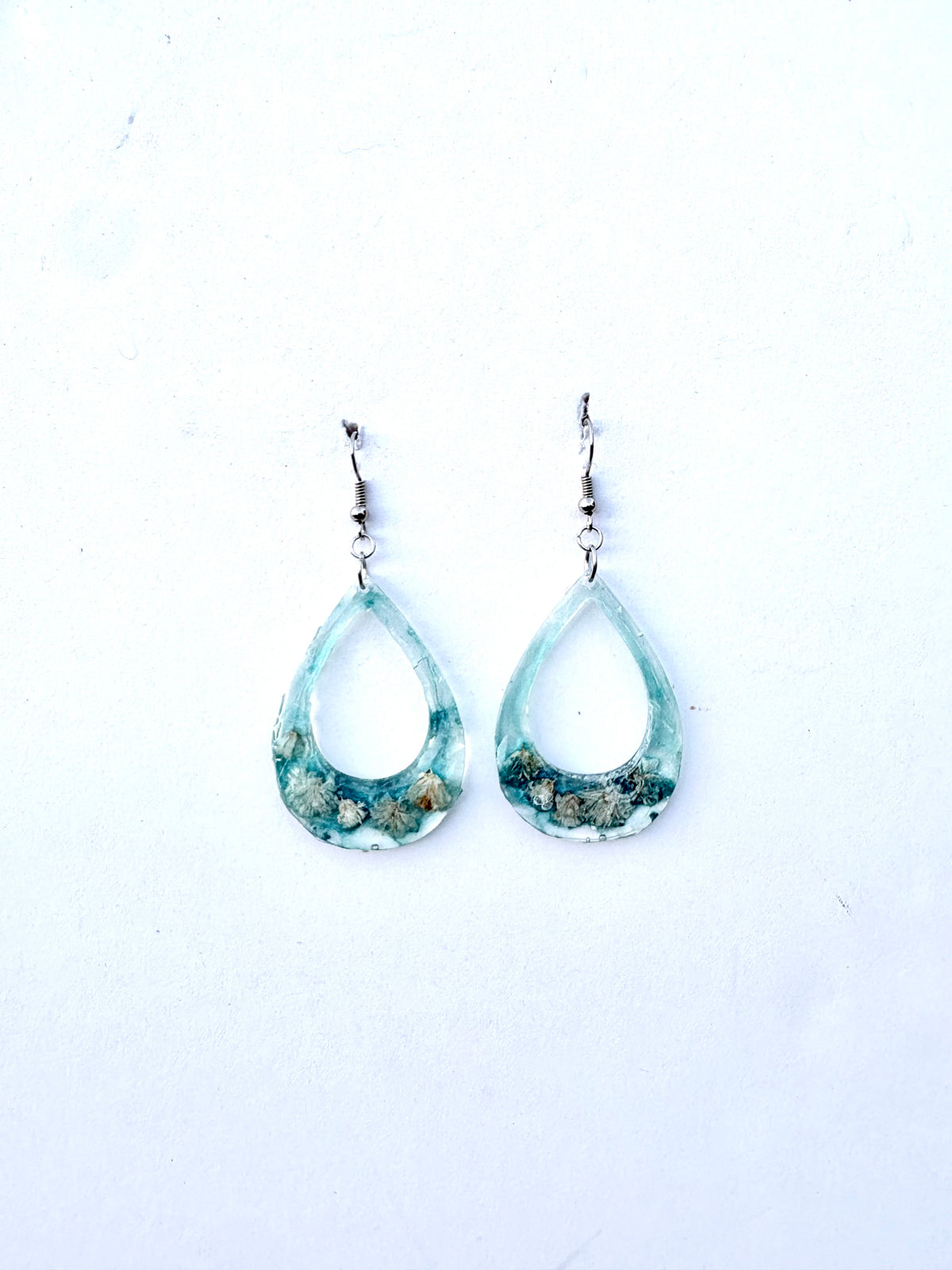 White Flower Earrings with Blue Background | Blue Meadow Botanical Teardrop Earrings