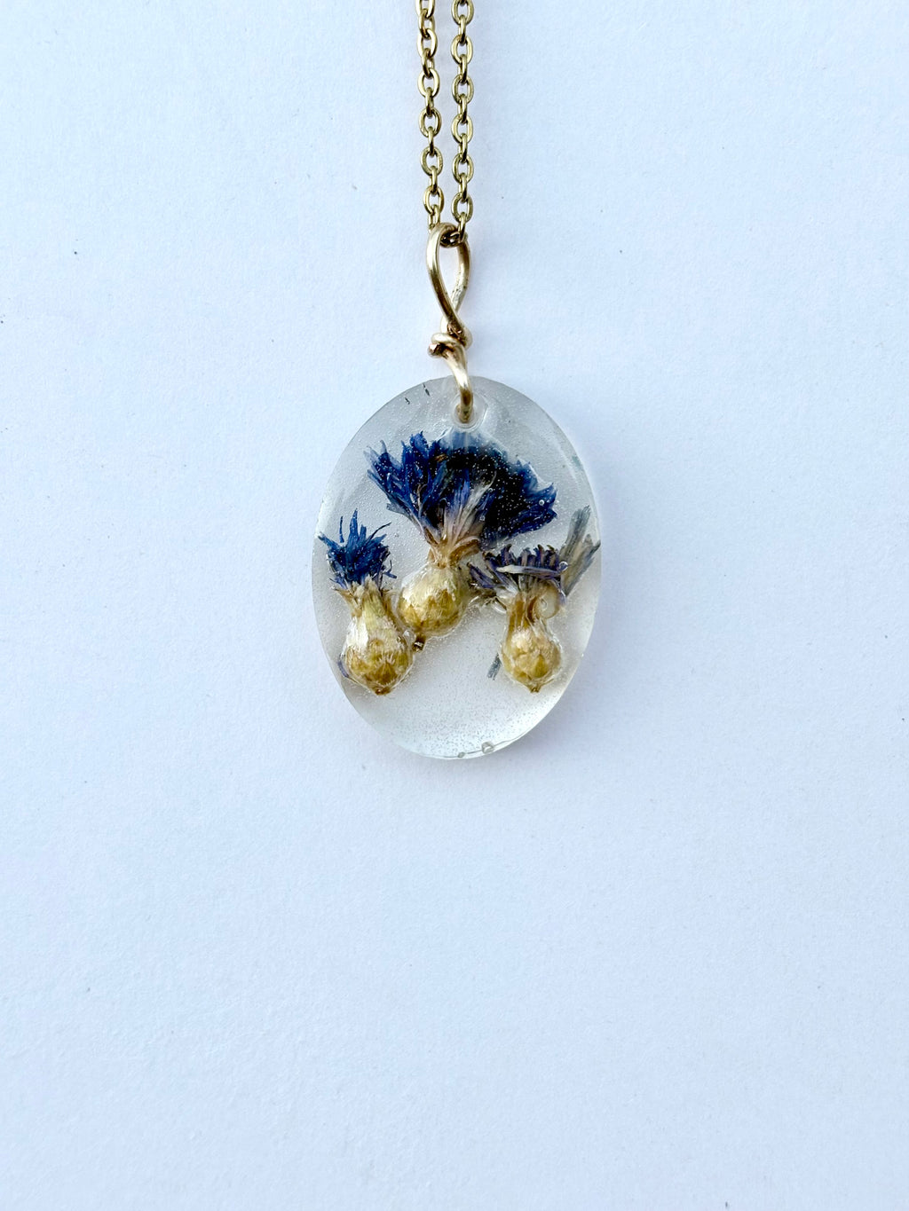 Blue Cornflower Botanical Resin Necklace | Triple Flower Pendant