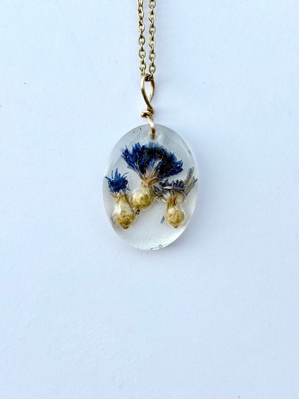 Blue Cornflower Botanical Resin Necklace | Triple Flower Pendant