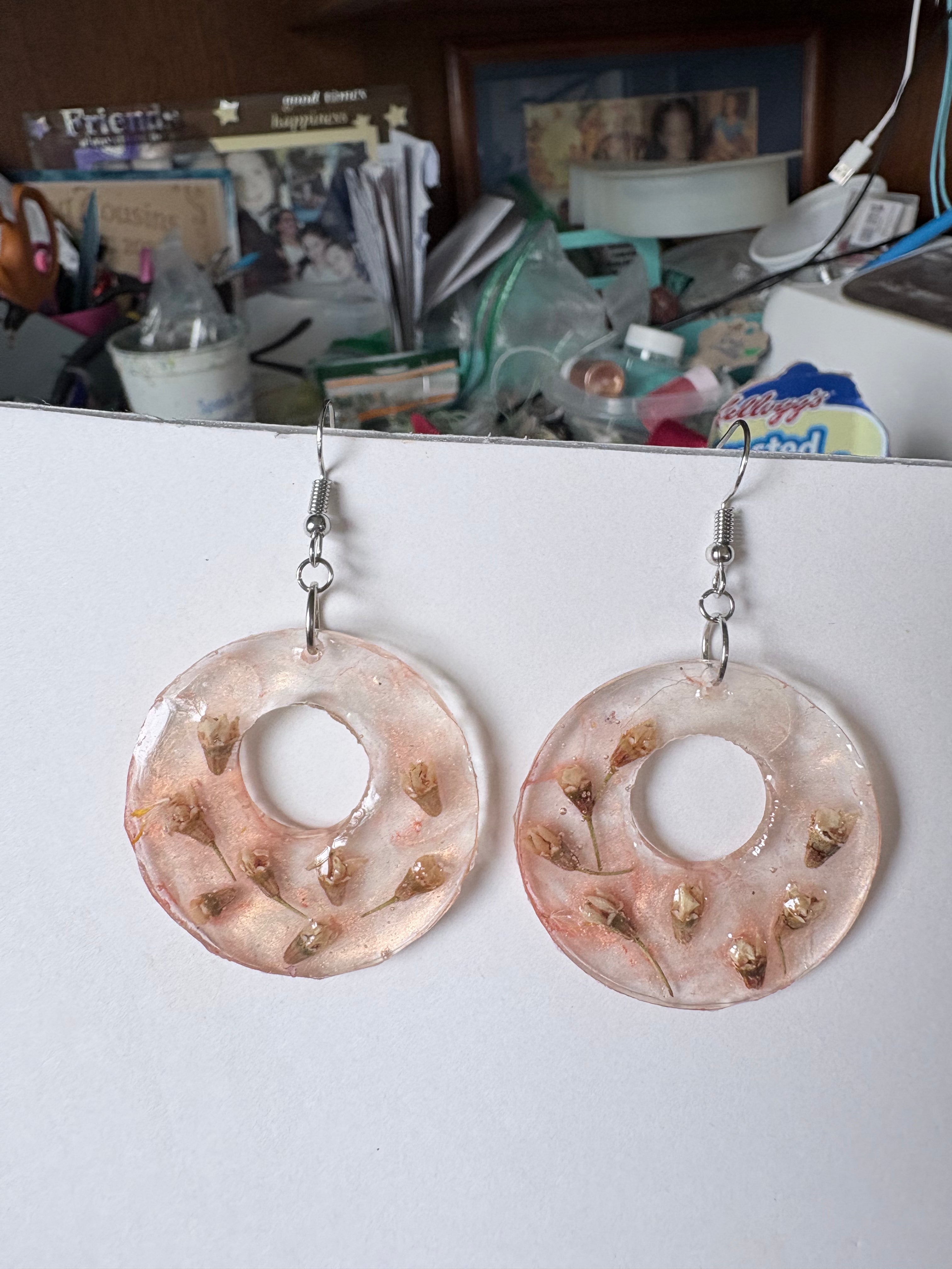 White Flower Peach Hoops | Floral Dangle Earrings