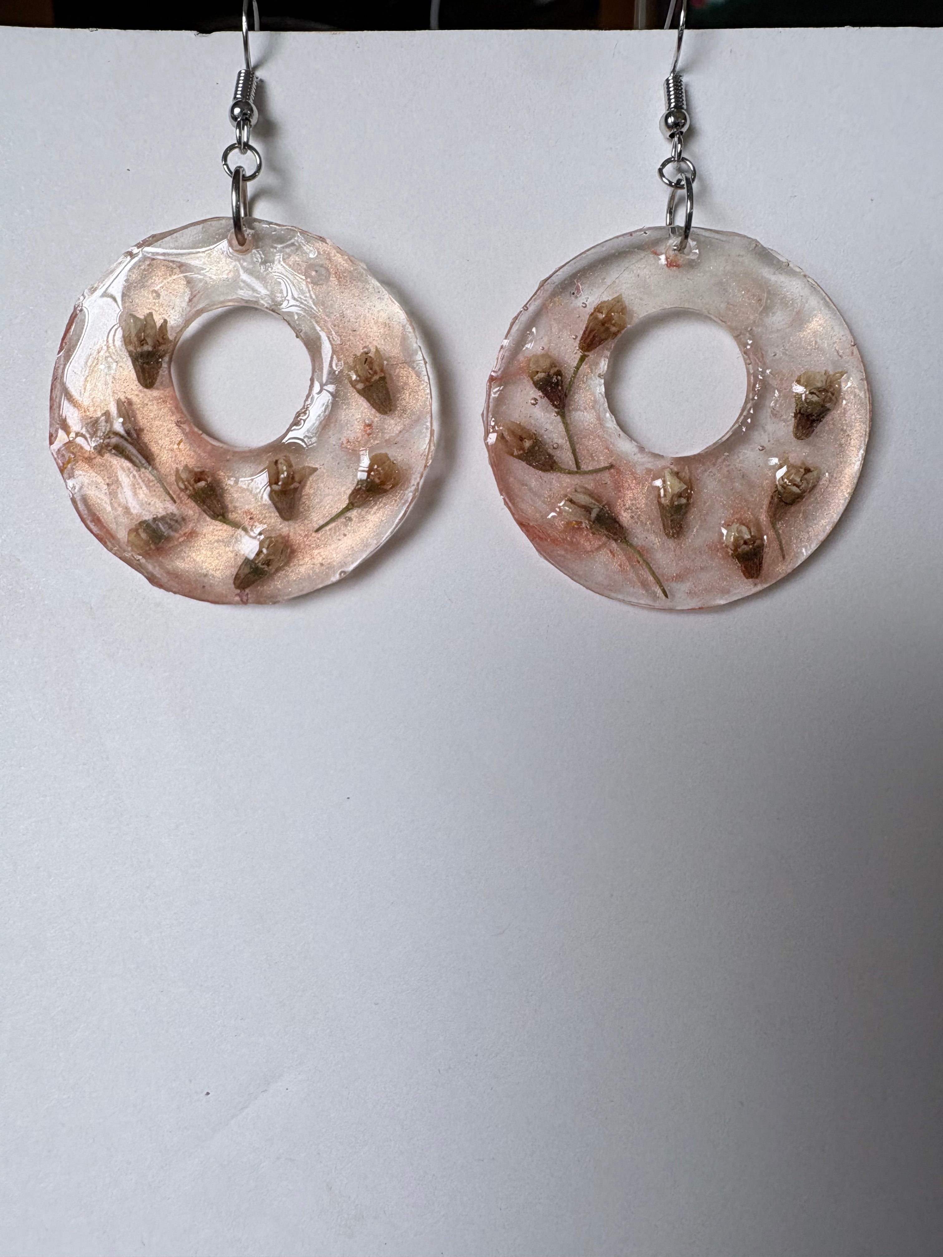 White Flower Peach Hoops | Floral Dangle Earrings