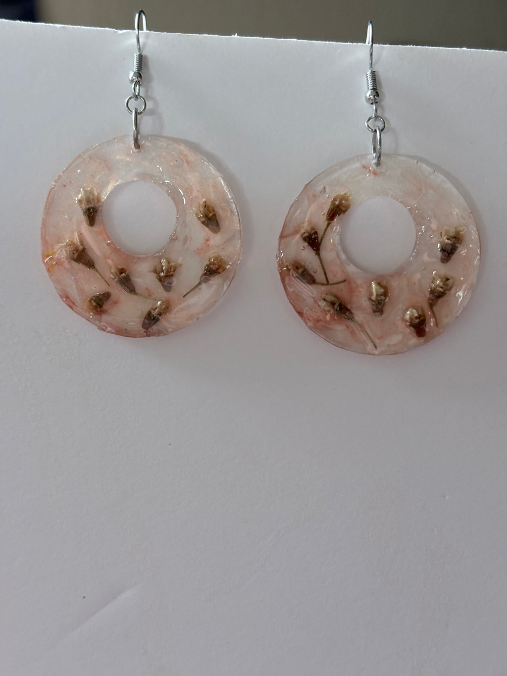 White Flower Peach Hoops | Floral Dangle Earrings