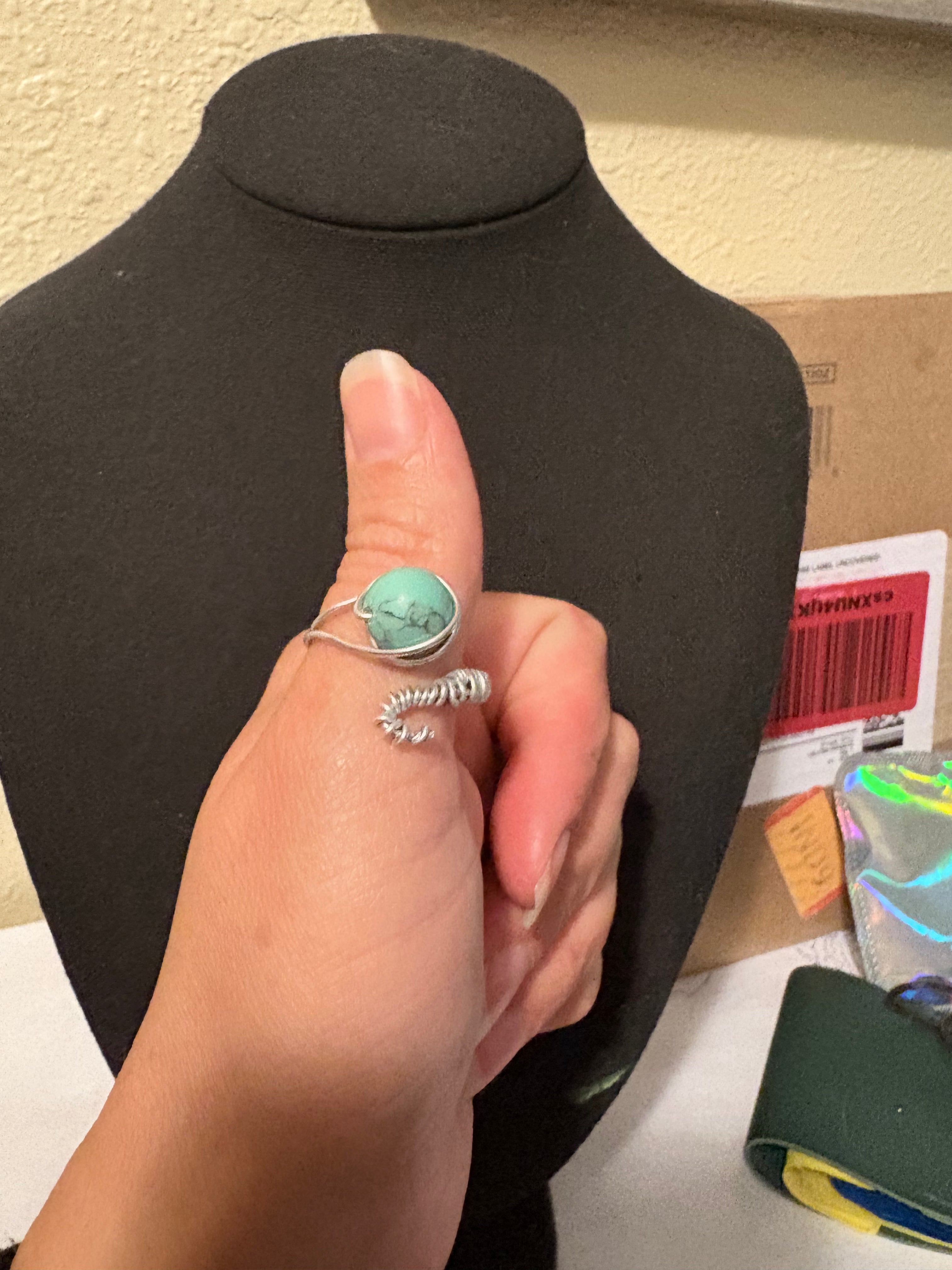 Rolling Bead Fidget Ring | Turquoise Pattern Moveable Bead | Adjustable Ring