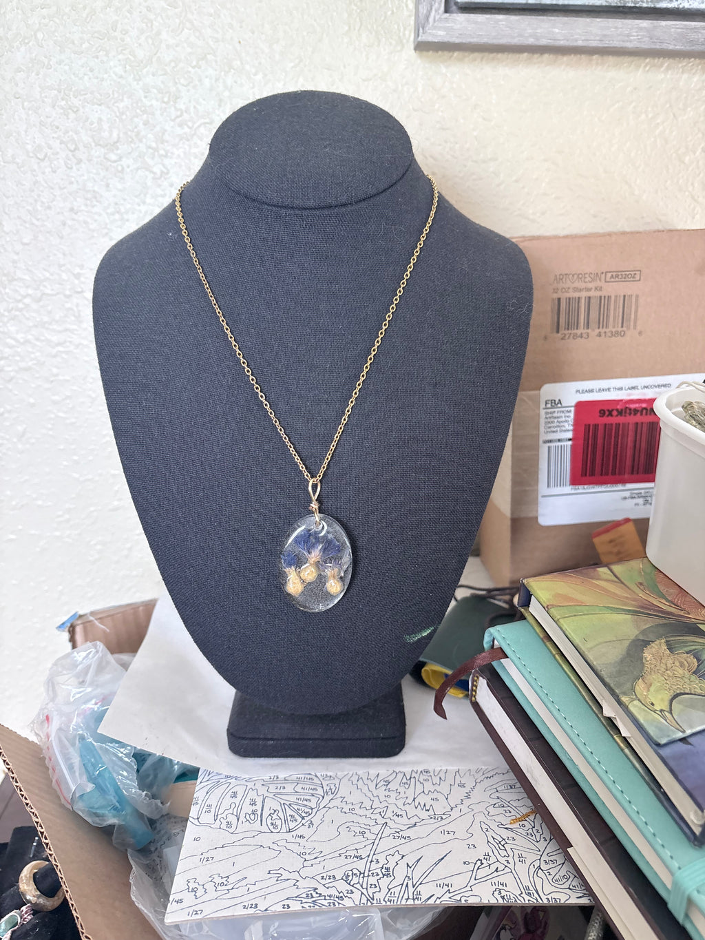 Blue Cornflower Botanical Resin Necklace | Triple Flower Pendant
