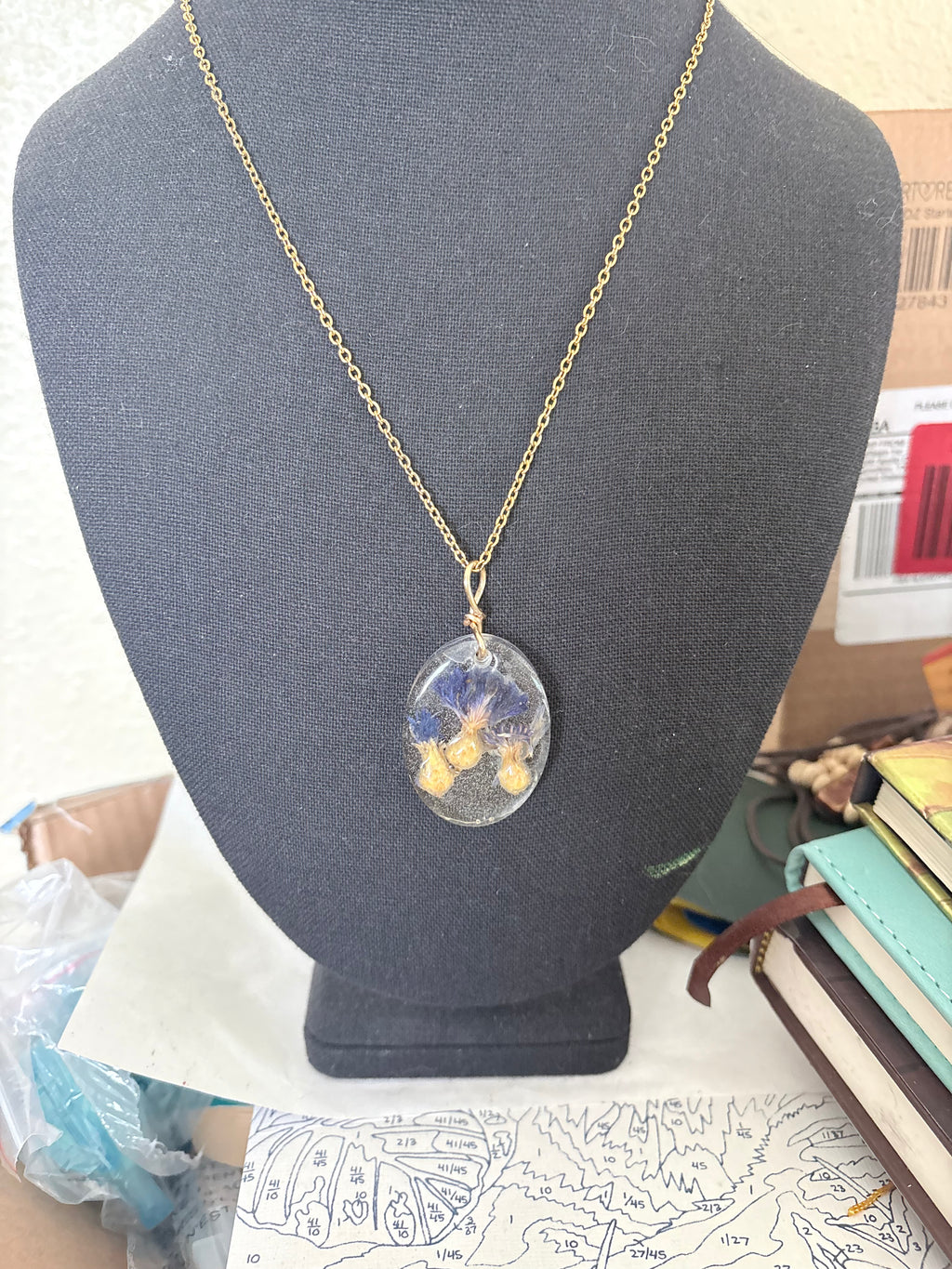 Blue Cornflower Botanical Resin Necklace | Triple Flower Pendant