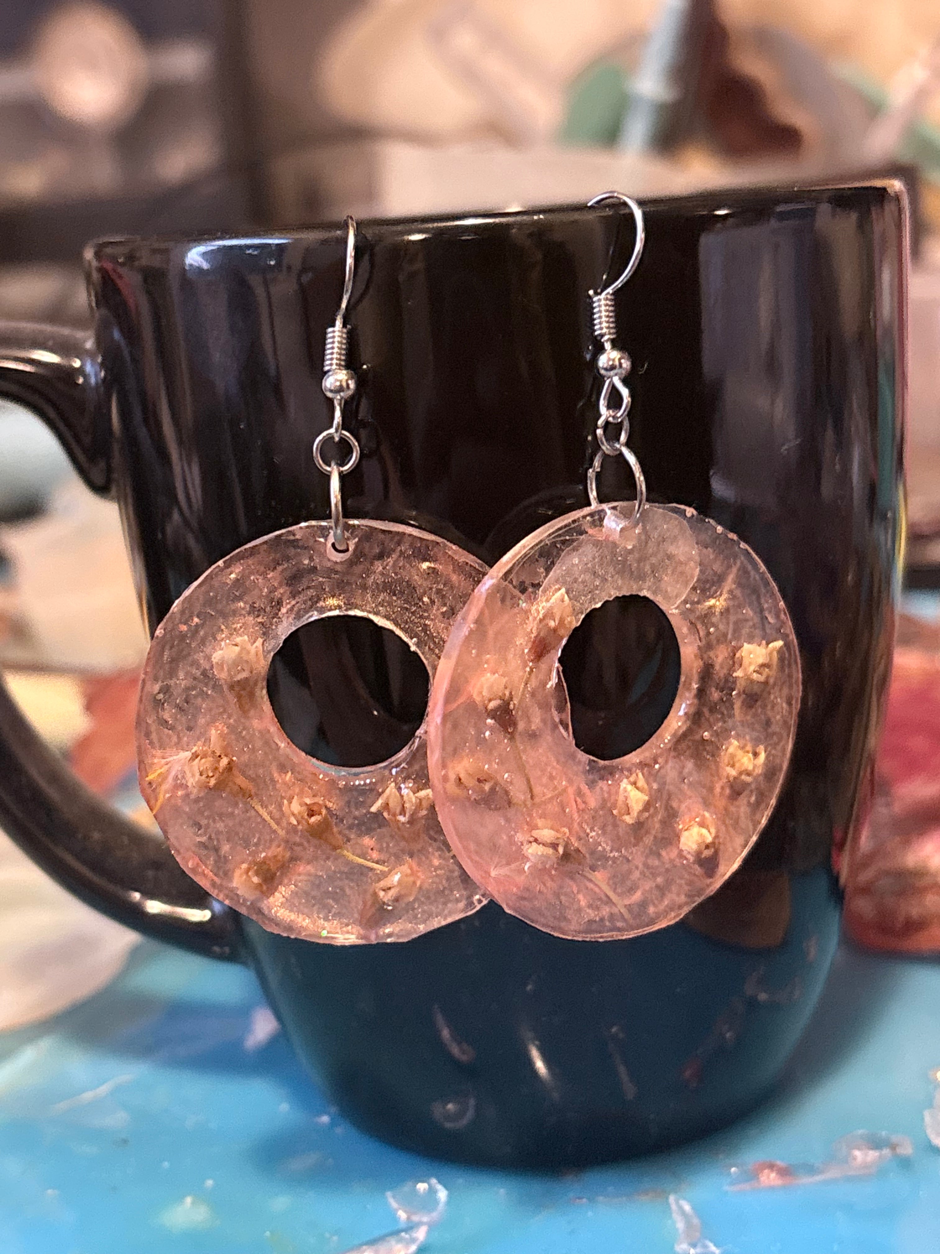 White Flower Peach Hoops | Floral Dangle Earrings