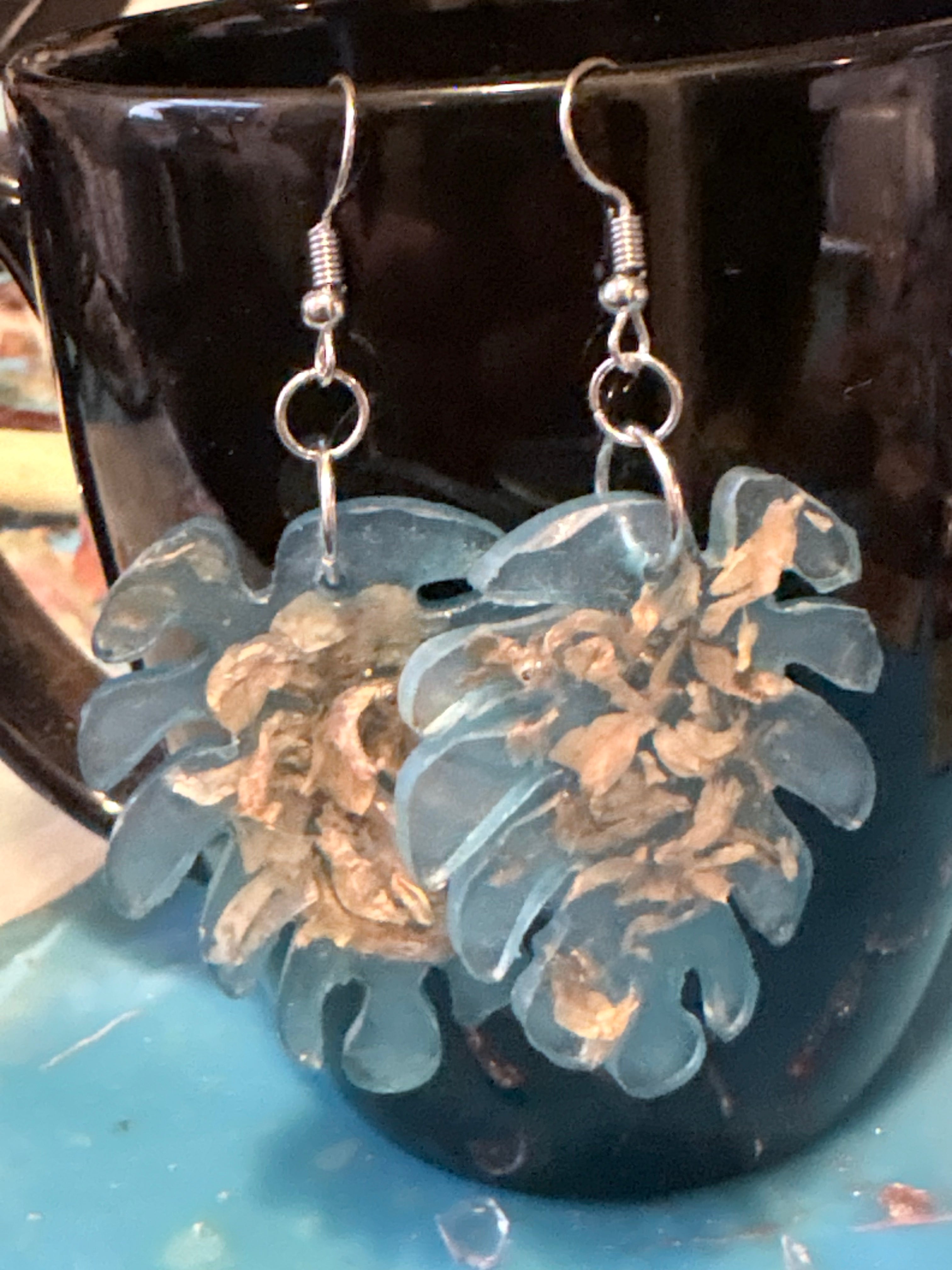 Flower Petal Leaf Earrings | Blue Floral Dangle Earrings