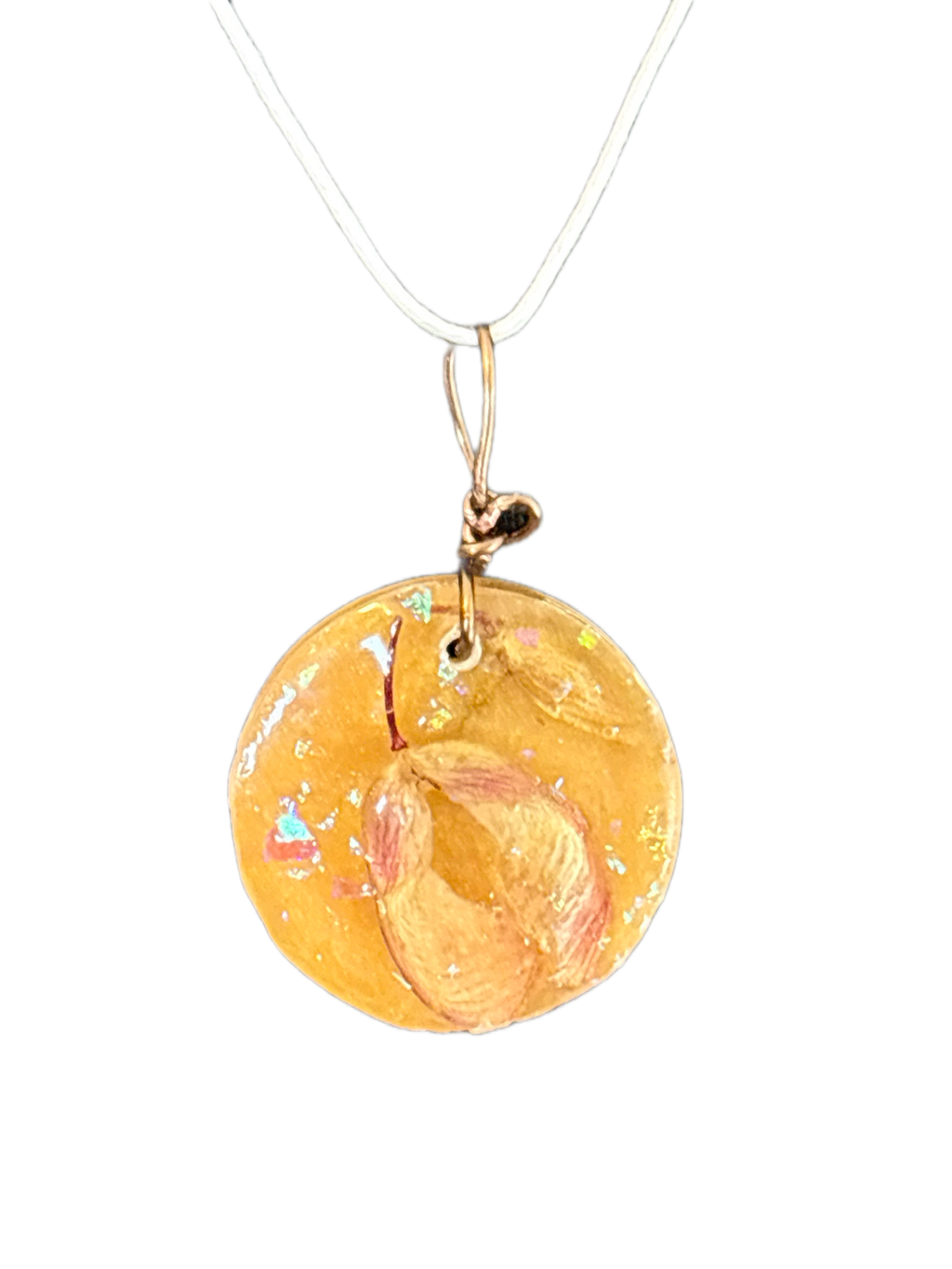 Golden Resin Pendant with Helicopter Seeds | Golden Flight Necklace | Round Botanical Pendant