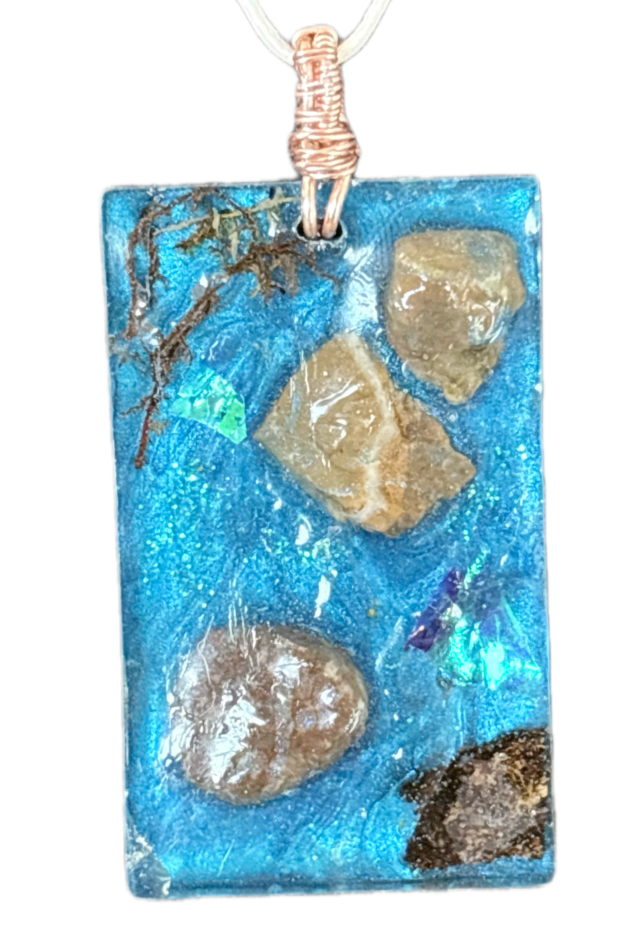 Forest Stream Necklace | Stones and Moss in Blue Resin Pendant