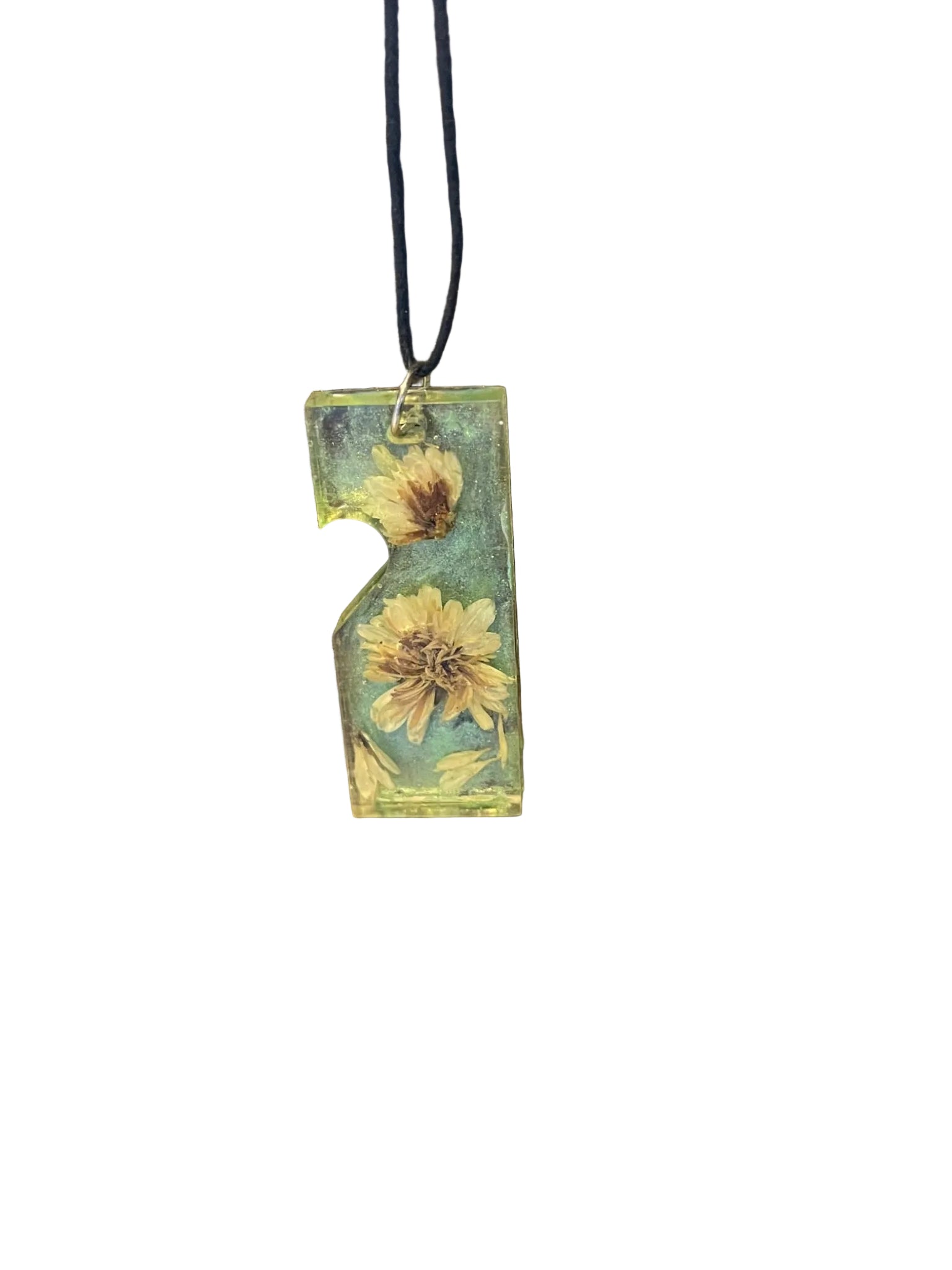 Handmade resin pendant necklace with real daisies preserved inside clear resin