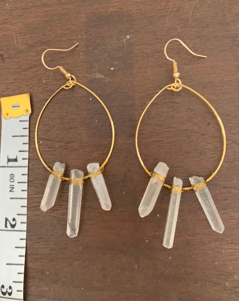 Quartz Crystal Gold Hoop Earrings, Real Quartz Drop Earrings, Gold Colored Wire, Bohemian Jewelry, Minimalist Jewelry