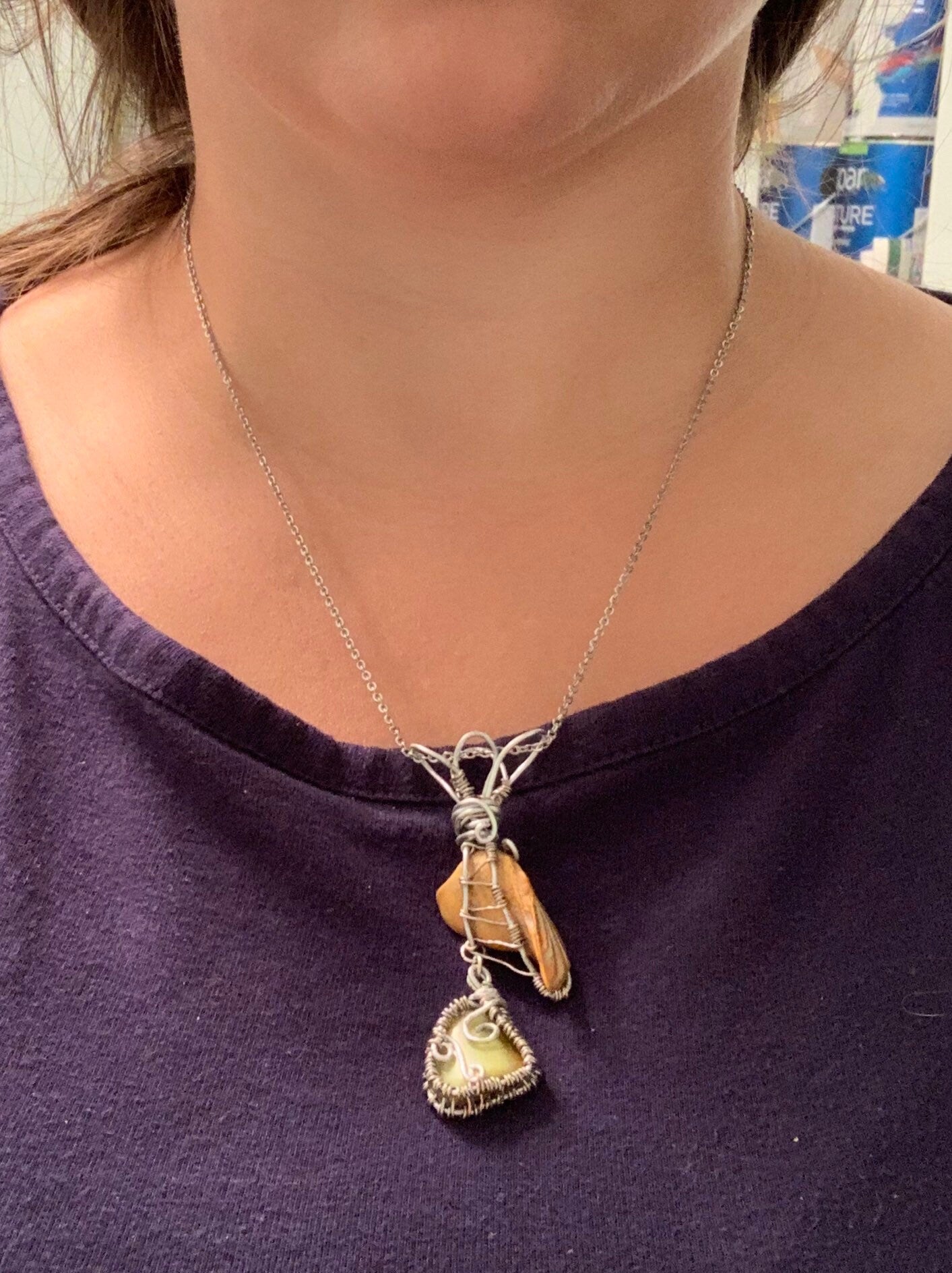 Wire Wrapped Green Opal and Shell Fragment, Wire Wrapped Pendant Necklace, Statement Jewelry, Gift for Her