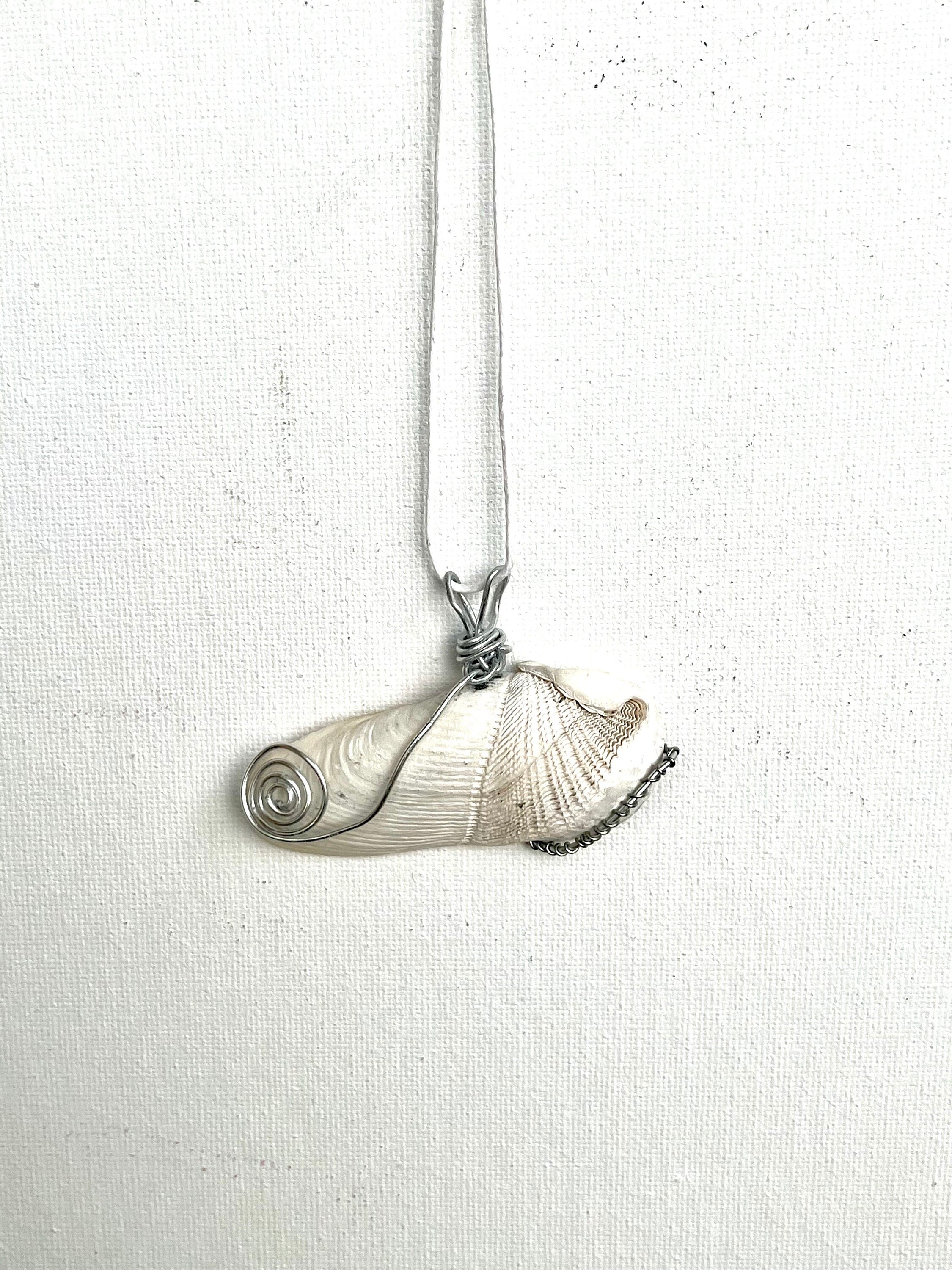 Wire Wrapped Natural Shell Pendant, Split Pattern Shell Necklace with Simple Wire Wrap, Beach Jewelry, Angel Wing Shell Pendant for Her