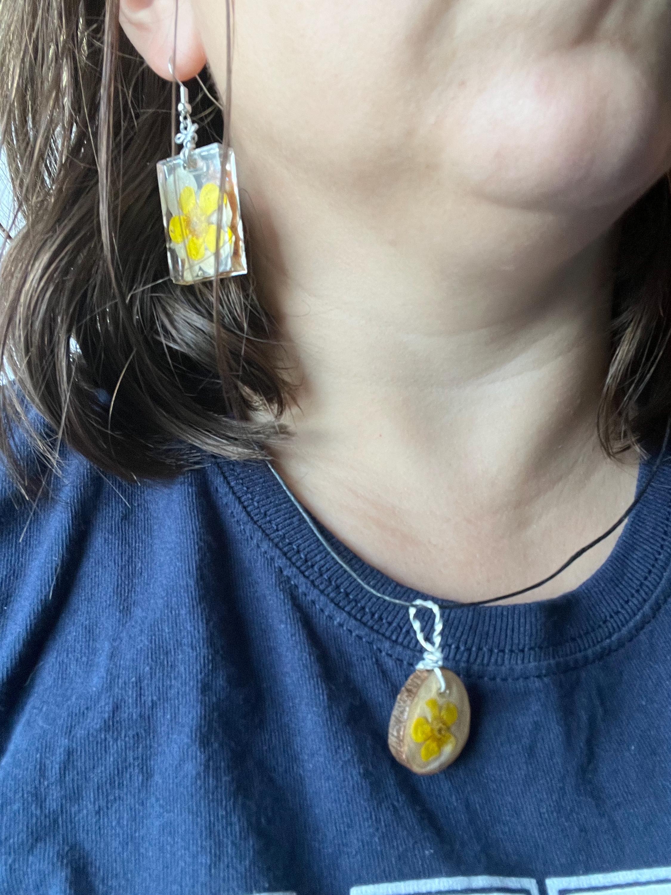 Buttercup Necklace, Yellow Flower on Wood Slice Pendant, Unique Botanical Jewelry, Cheerful One of a Kind Gift for Her