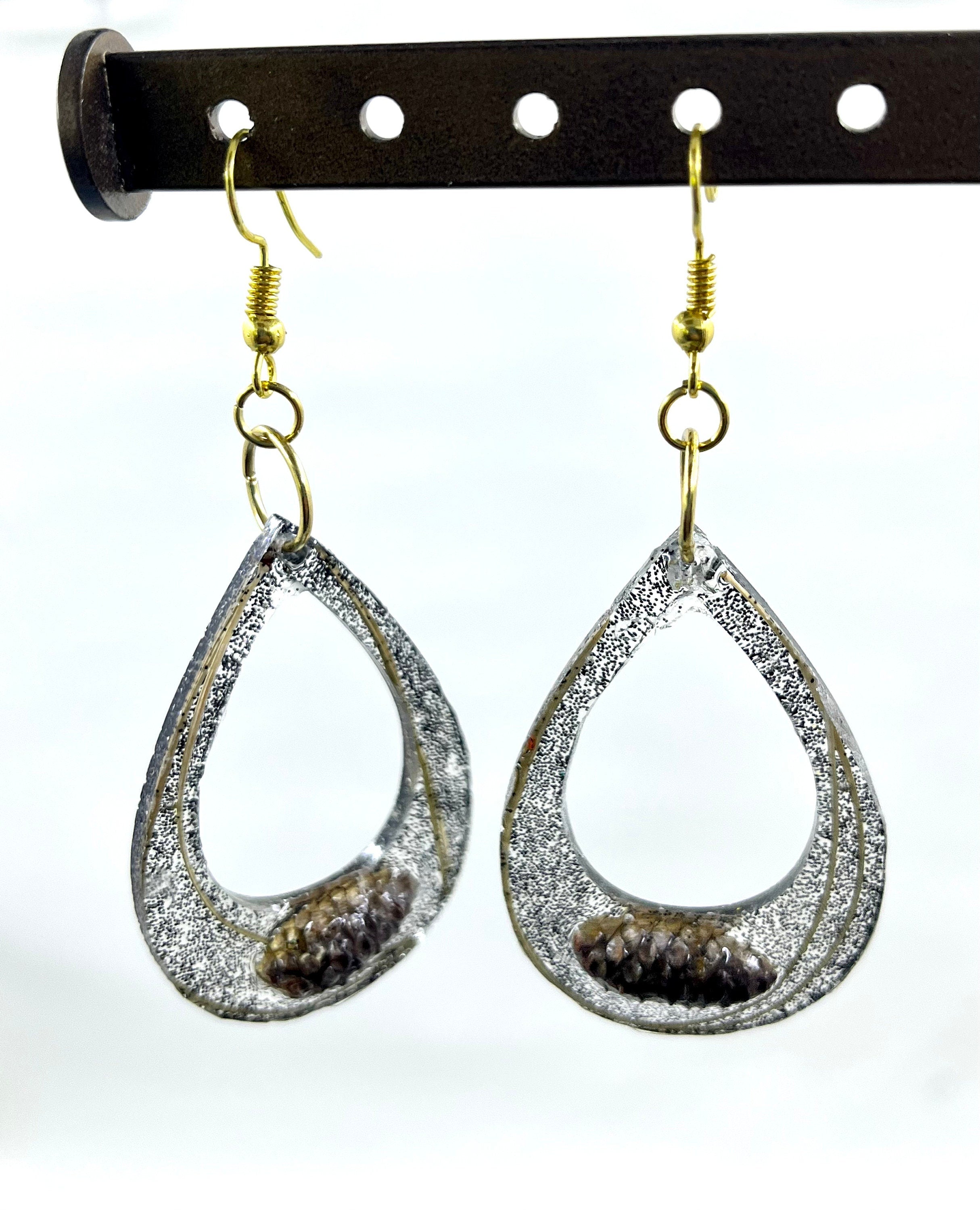 Pinecone & Pine Needle Resin Earrings, Black Glitter Teardrop Dangle, Natural Boho Jewelry, Unique Cottage Core Handmade Gift