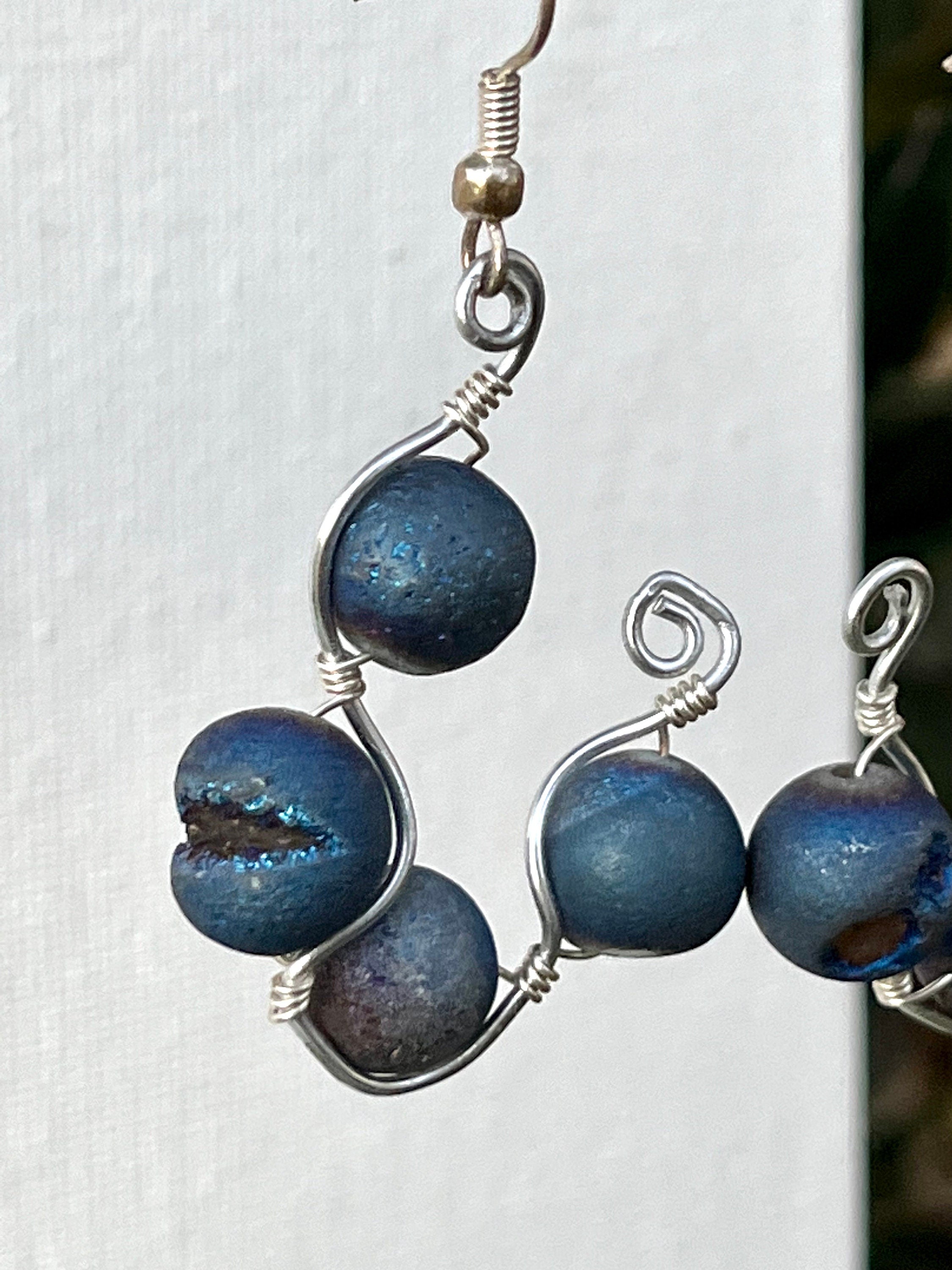 Wire Wrapped Hoop Earrings | Blue Agate Beaded Hoops