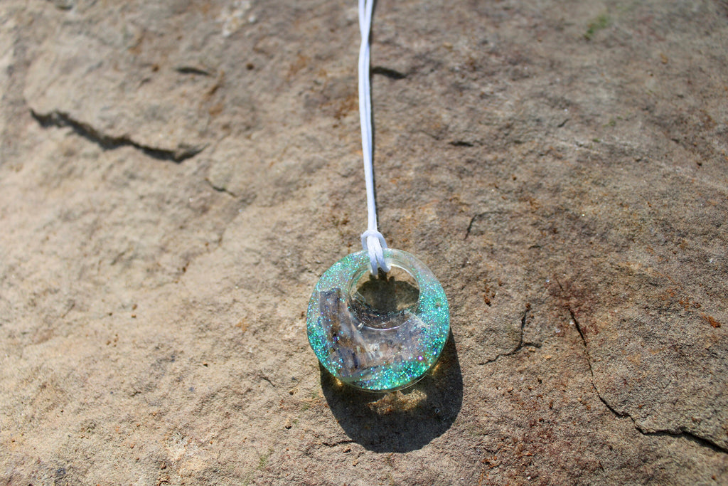 Wooden Resin Pendant | Green Glitter Resin Necklace