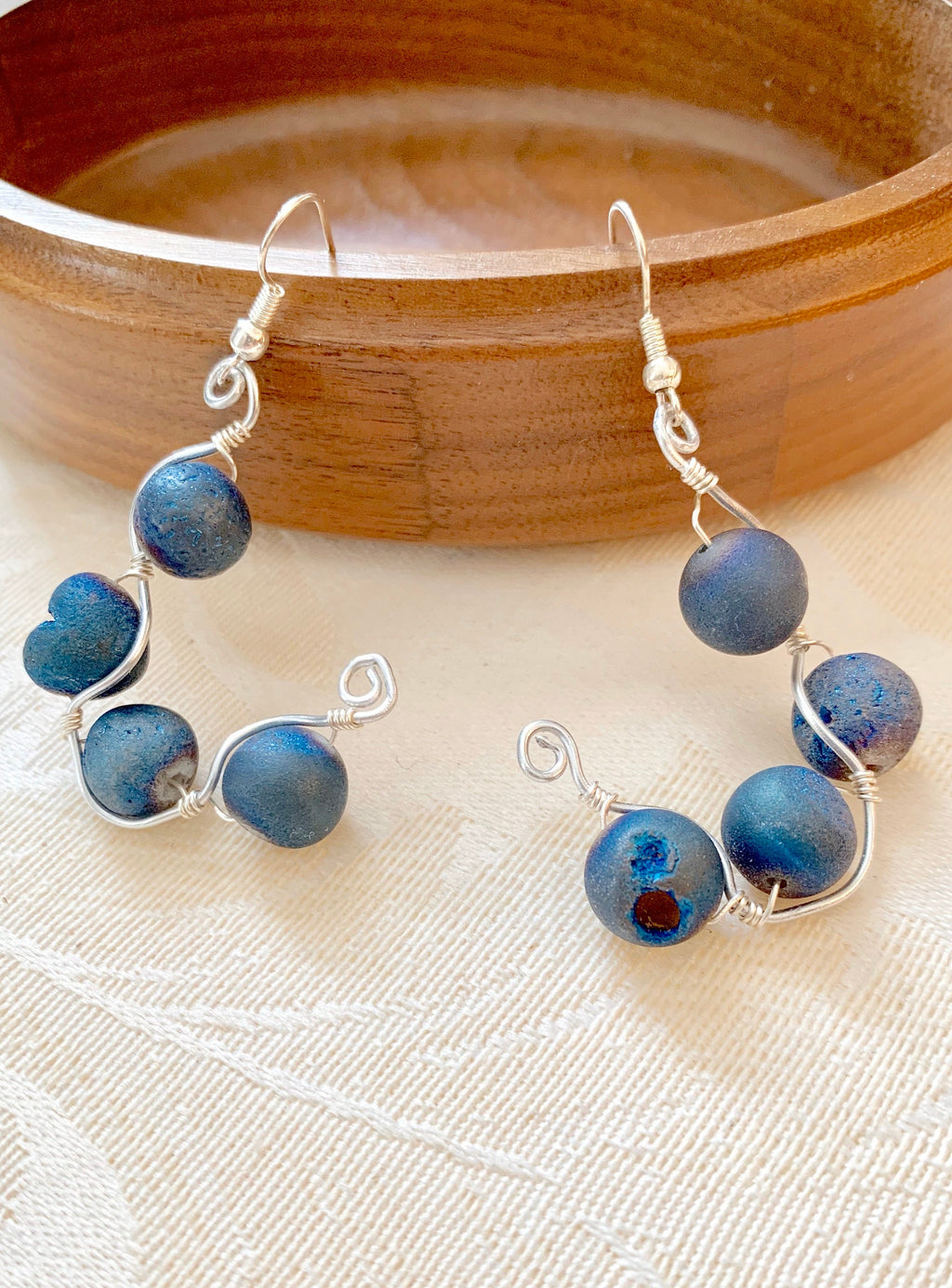 Wire Wrapped Hoop Earrings | Blue Agate Beaded Hoops