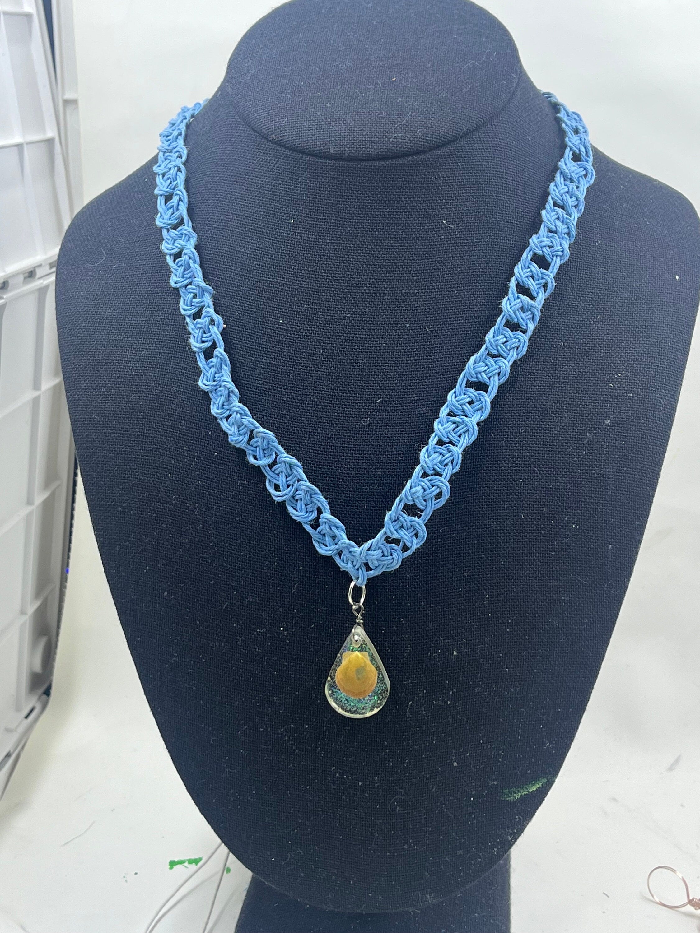 Petite Orange Shell in Resin Pendant, Blue Hemp Macrame Necklace, Josephine Knot Cord, Seashell Teardrop Pendant, Mermaid Core Ocean Jewelry