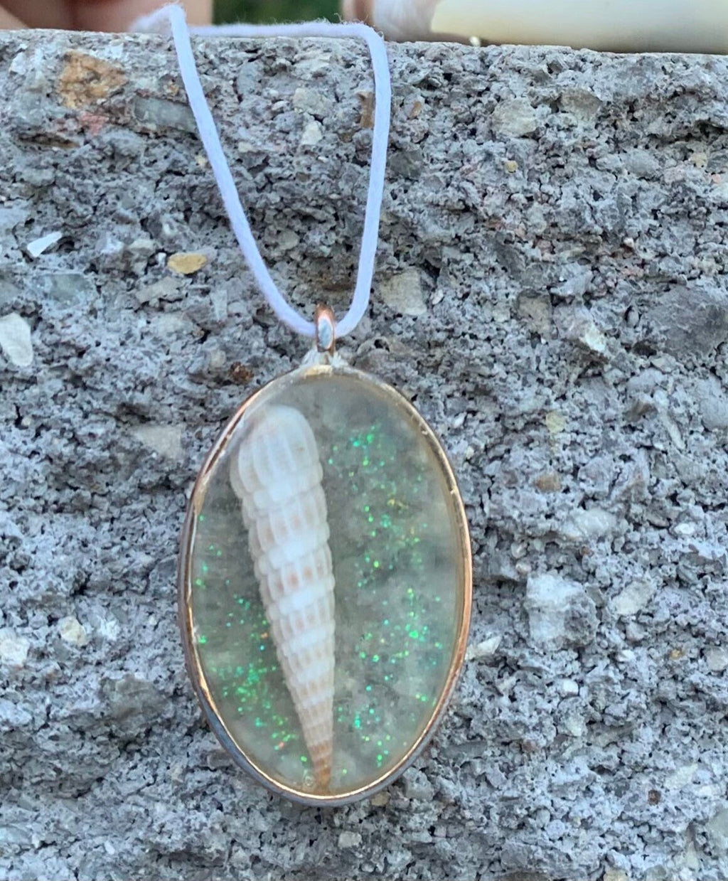Sea Shimmer | Auger Shell Resin Pendant | Oval Coastal Necklace