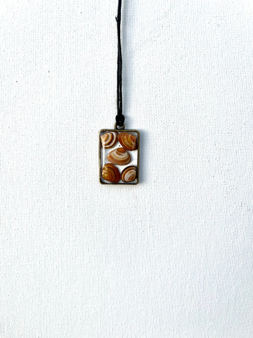 Authentic Orange Petite Seashells in Resin Necklace, Neutral Orange Brown Shells in Rectangle Pendant