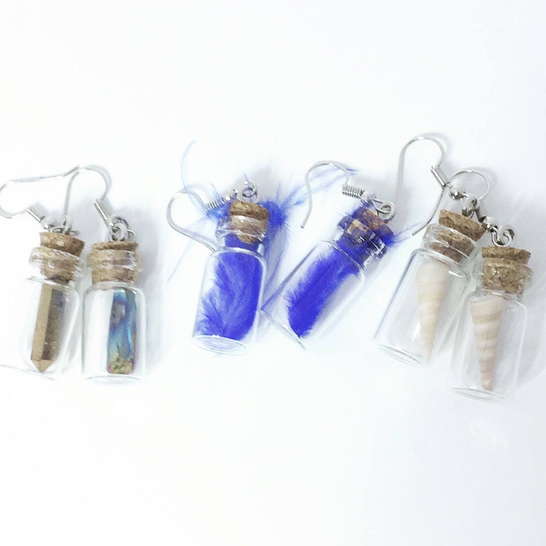 Unique Glass Bottle Earrings and Necklace, Rainbow Quartz Matching Set of Small Glass Bottle Jewelry, Novelty Accessories for Bold Women